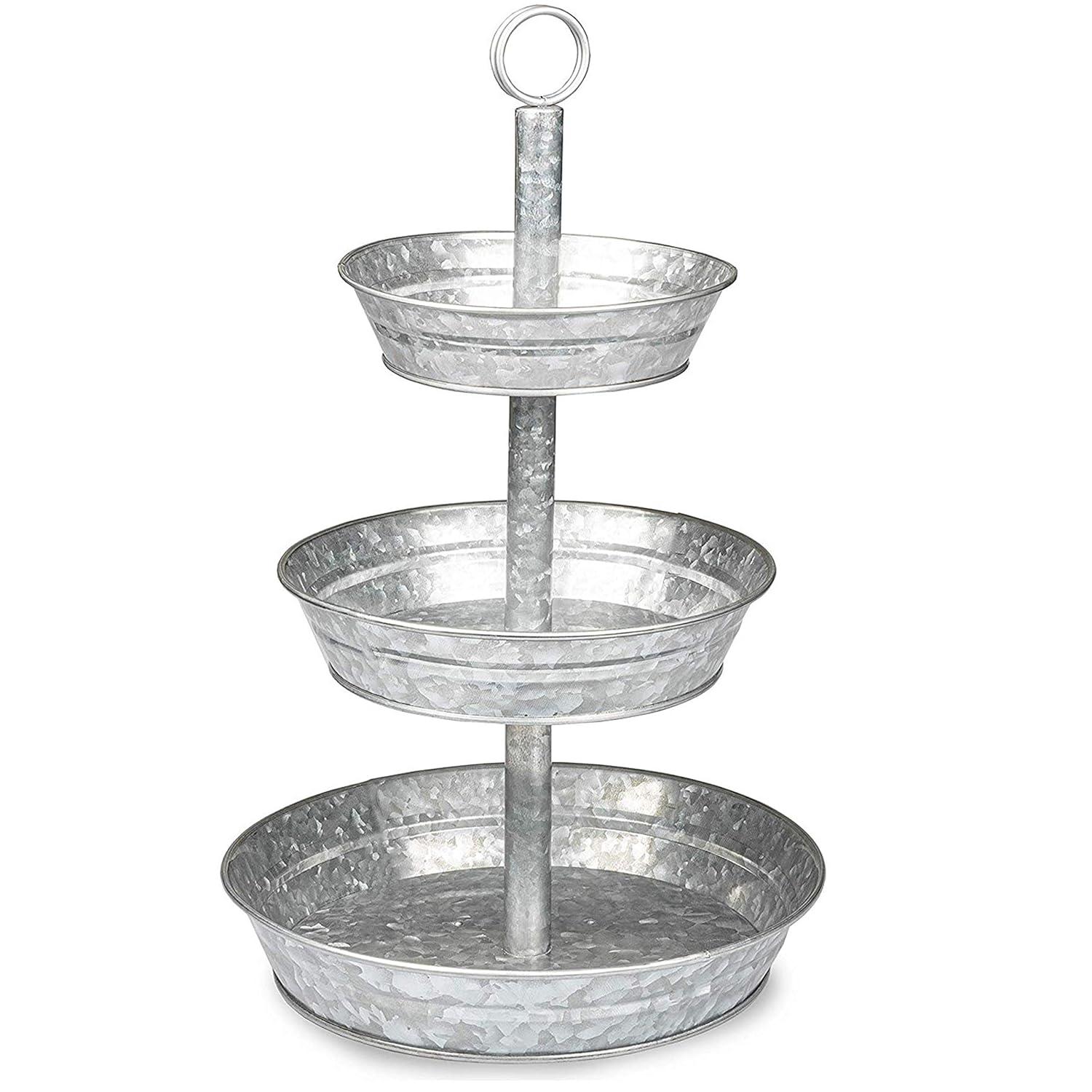 3 Tier Serving Tray - Galvanized, Rustic Metal Stand. Dessert, Cupcake, Fruit & Party Three Tiered Platter. Country Farmhouse Vintage Decor for The Kitchen, Home, Farm & Outdoor by Hallops