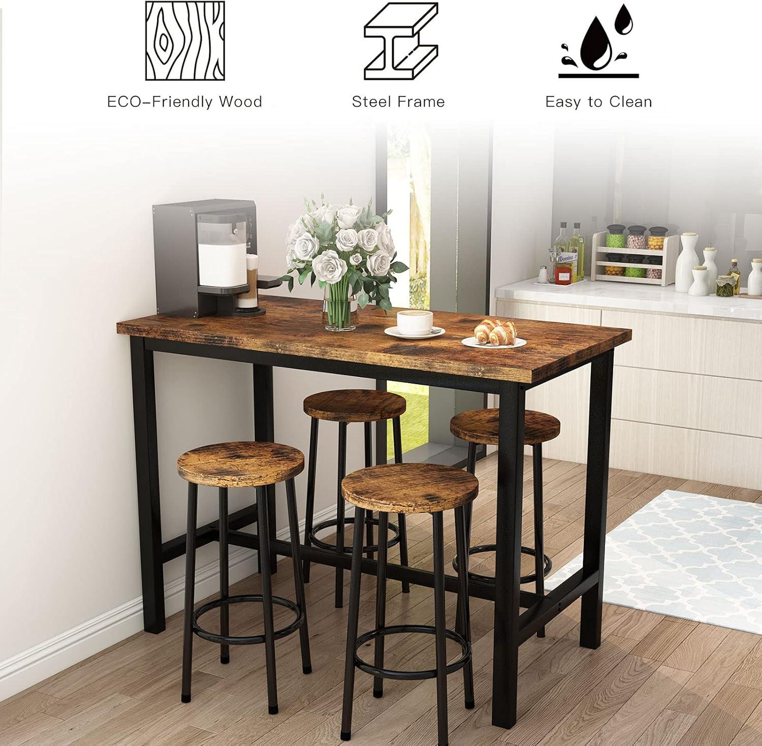 AWQM Bar Table and Chairs Set, Industrial Counter Height Pub Table with 4 Chairs, Wood Bar Table Kitchen Table Set, Rustic Brown