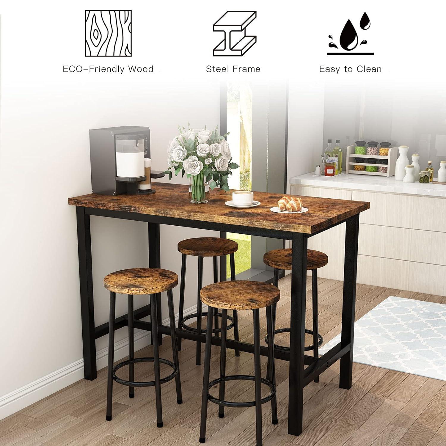 AWQM Bar Table and Chairs Set, Industrial Counter Height Pub Table with 4 Chairs, Wood Bar Table Kitchen Table Set, Rustic Brown
