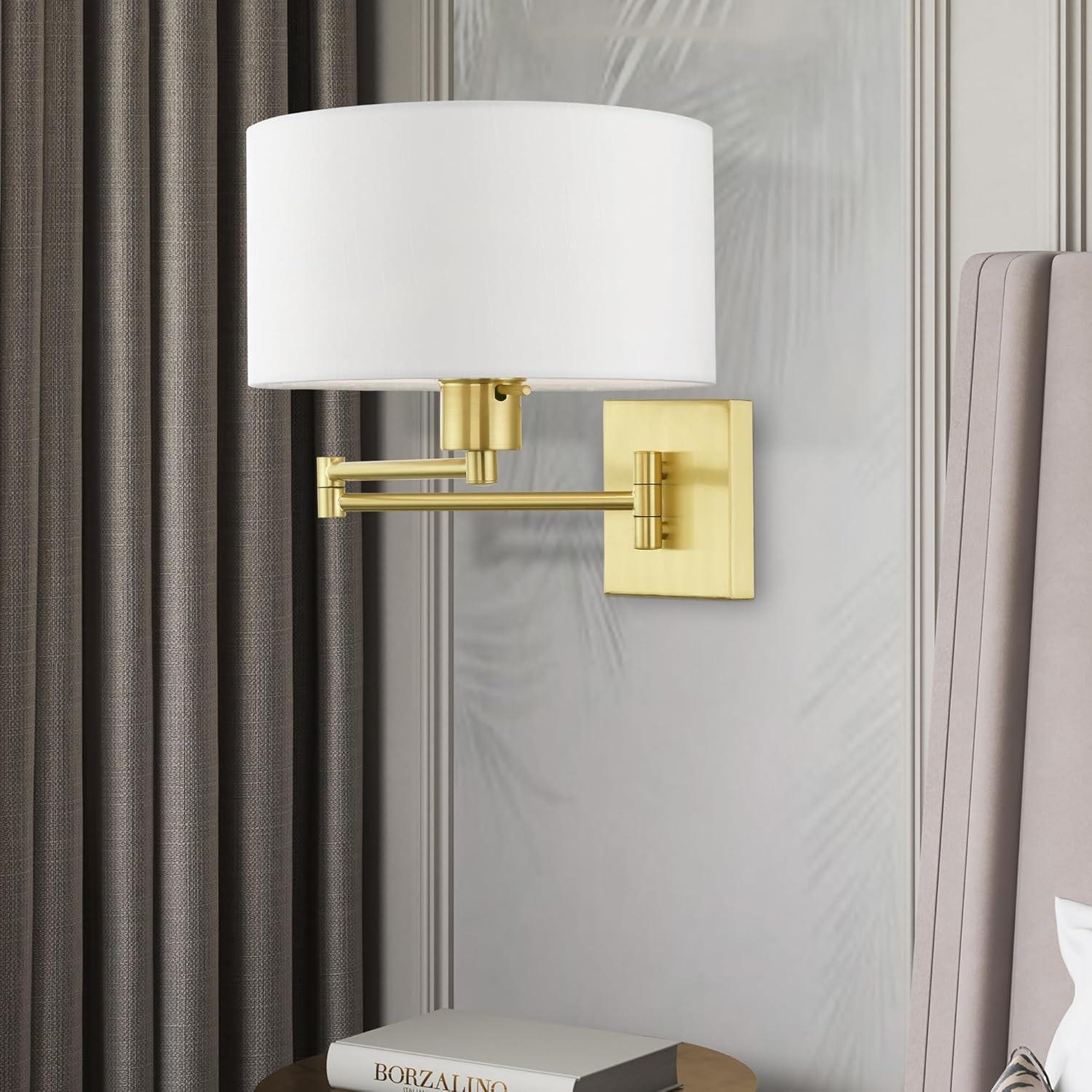 Satin Brass Swing Arm Wall Lamp with Off-White Shade