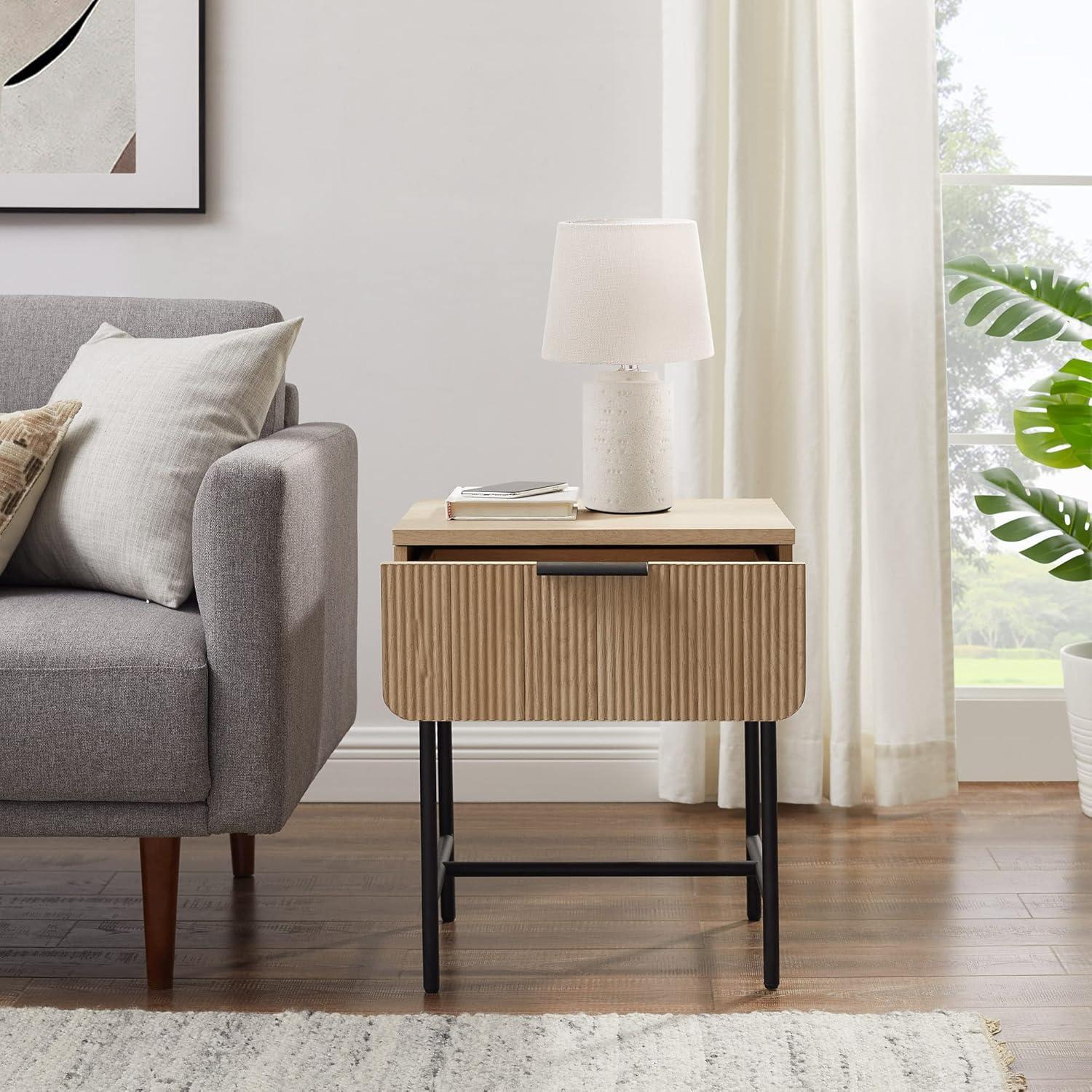 Saracina Home Modern Fluted 1 Drawer Side Table Coastal Oak/Black
