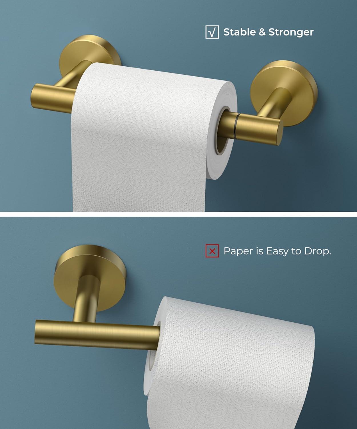 MOGFCT Toilet Paper Holder Brushed Gold Wall Mounted, Double Post Pivoting Toilet Paper Holder SUS 304 Stainless Steel Bathroom