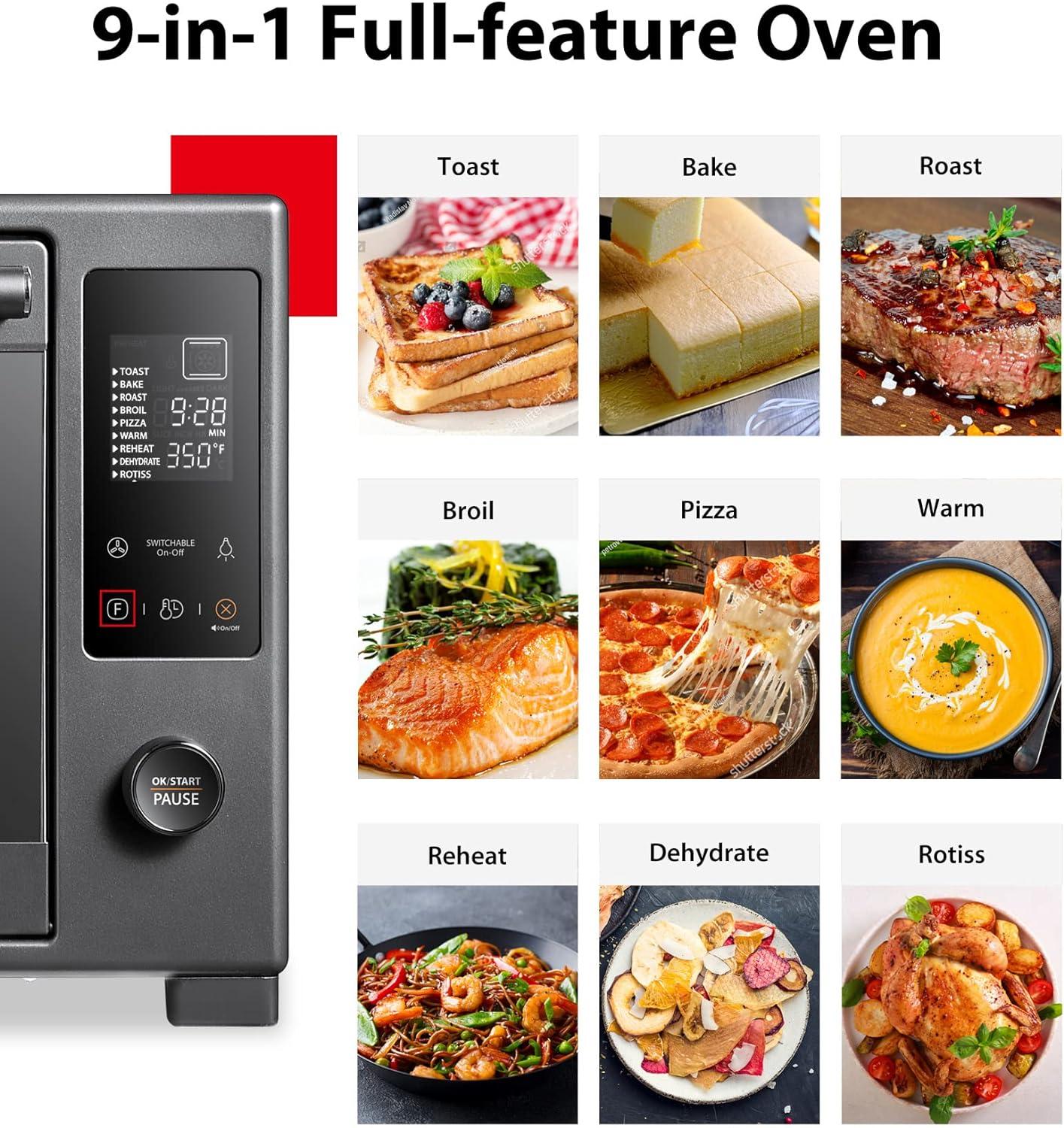 TOSHIBA Hot Convection Toaster Oven, Extra Large 34QT/32L, 9-in-1 Cooking Functions, Crispy Roast, Dehydrate, Rotisserie, 6 Accessories Included, 1650W, Black Stainless Steel