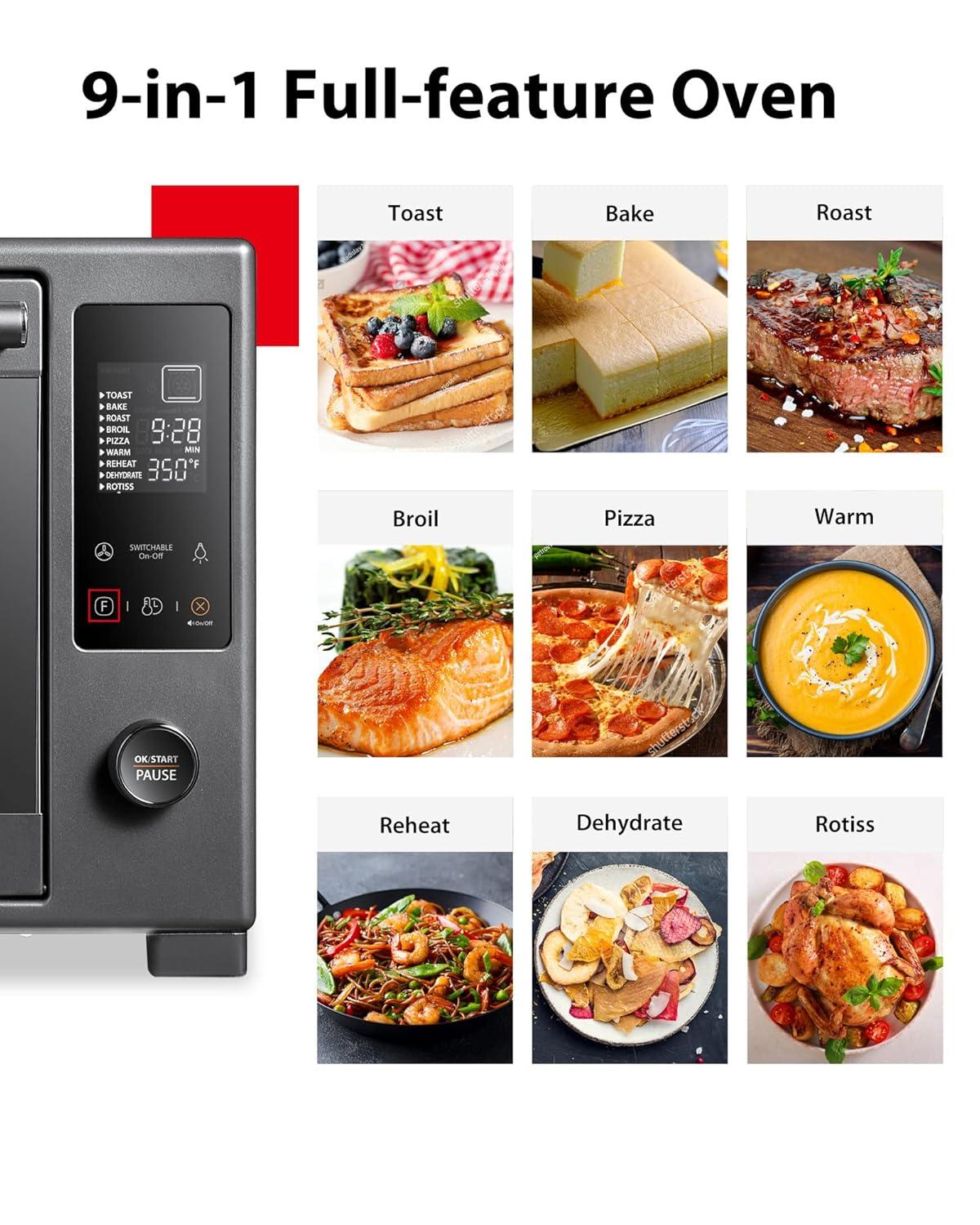 TOSHIBA Hot Convection Toaster Oven, Extra Large 34QT/32L, 9-in-1 Cooking Functions, Crispy Roast, Dehydrate, Rotisserie, 6 Accessories Included, 1650W, Black Stainless Steel