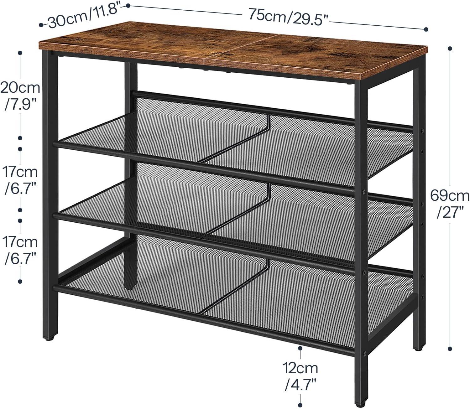 Rustic Brown 4-Tier Metal Shoe Rack with Adjustable Mesh Shelves