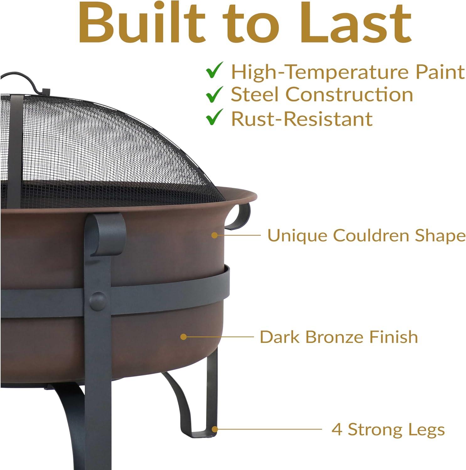 Sunnydaze Outdoor Camping or Backyard Large Round Cauldron Fire Pit Bowl with Log Poker and Spark Screen - 29"