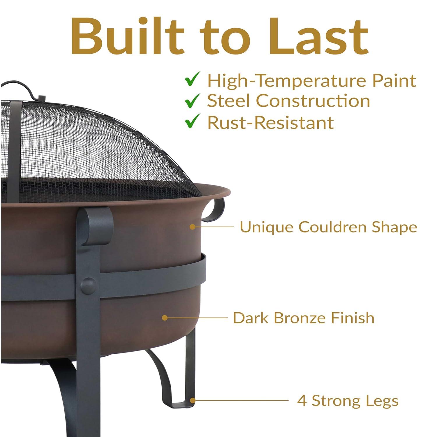 Sunnydaze Outdoor Camping or Backyard Large Round Cauldron Fire Pit Bowl with Log Poker and Spark Screen - 29"