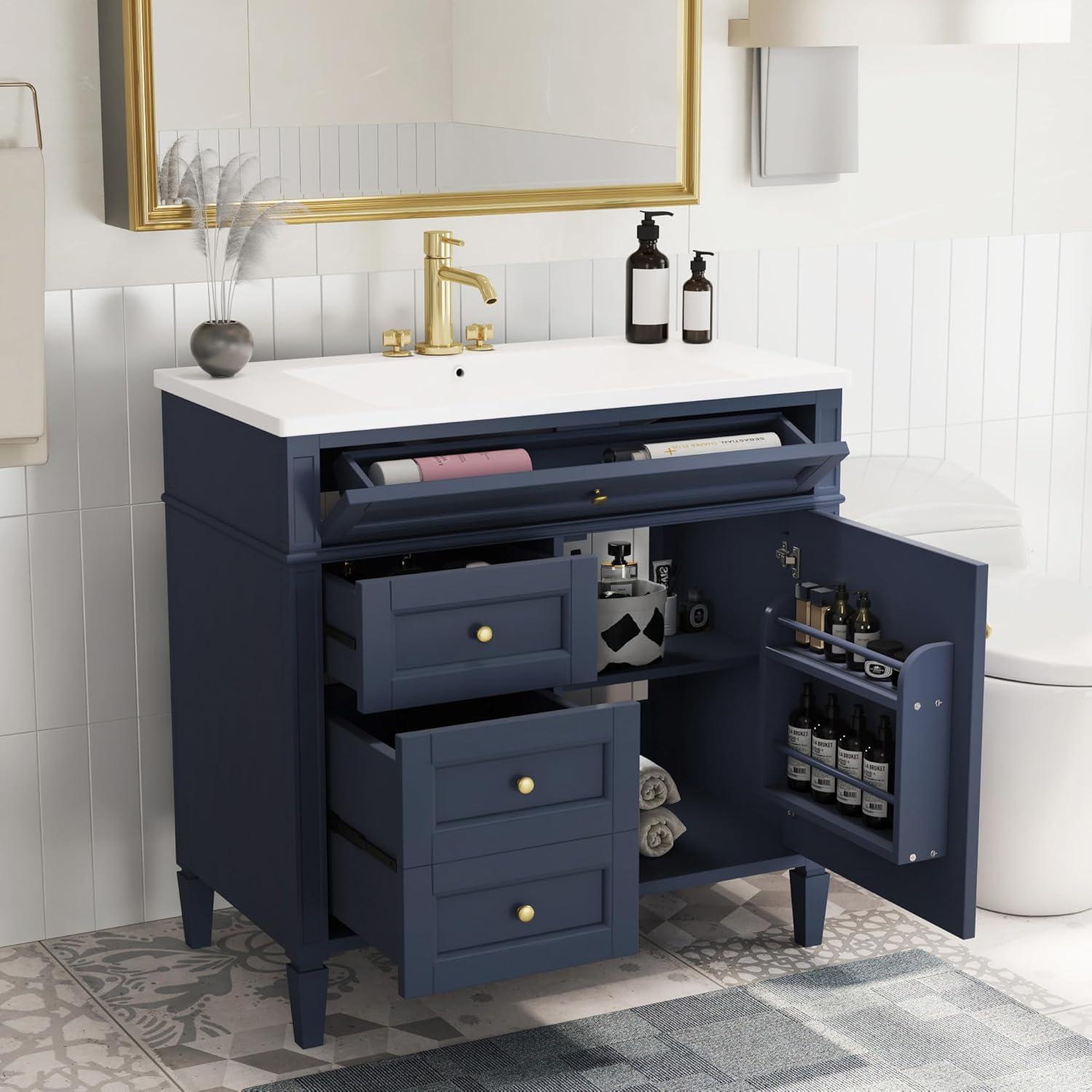 Bathroom Vanity with Sink, 36 inch Bathroom Vanity with Sink, Bathroom Sink Vanity with Storage Cabinet and 2 Drawers, Built-in Tip-Out Drawer, Freestanding Bathroom Vanity Cabinet for Bathroom, Blue