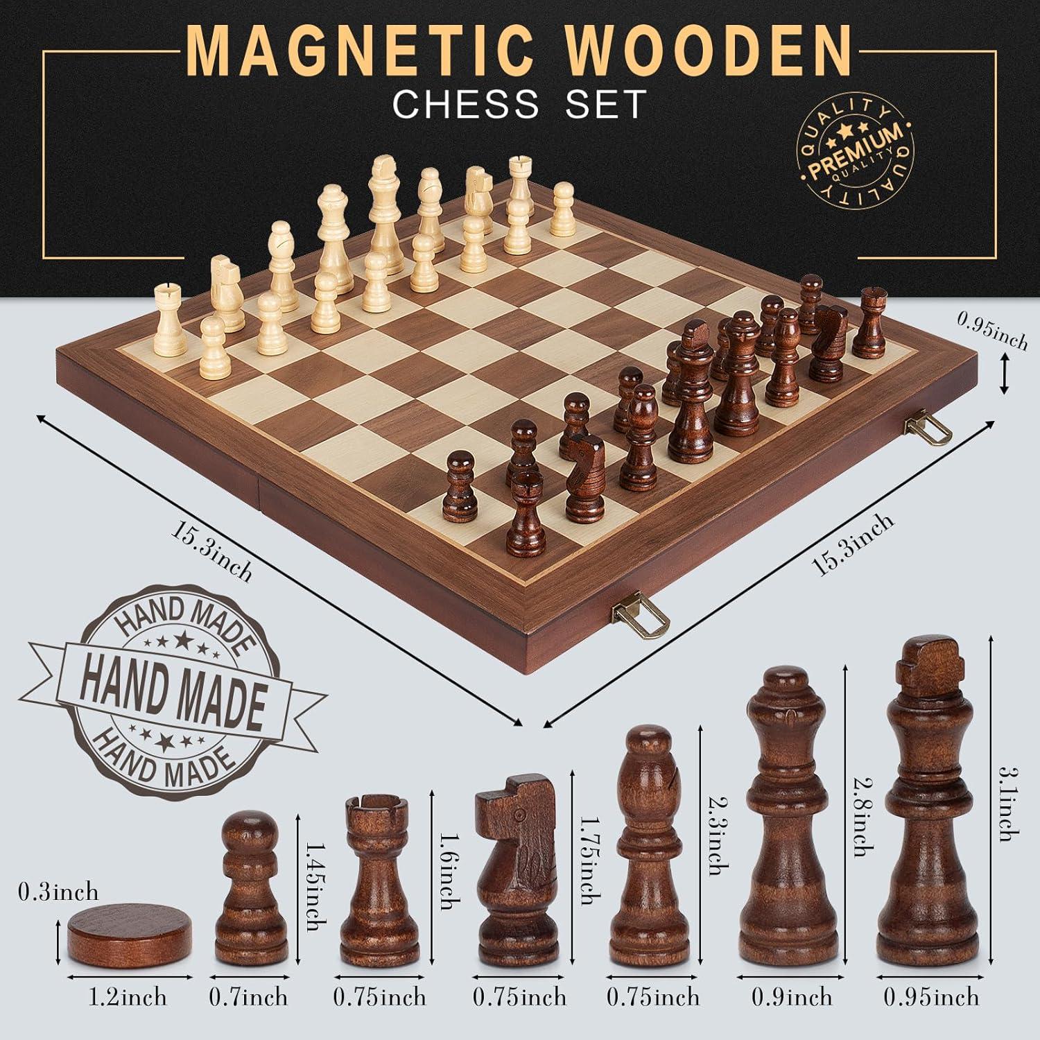 KiddiTouch 15 inch Magnetic Wooden Chess Set 2 in 1 Folding Chess Board Travel Chess Games for Adults and Kids-2 Extra Queen Pieces