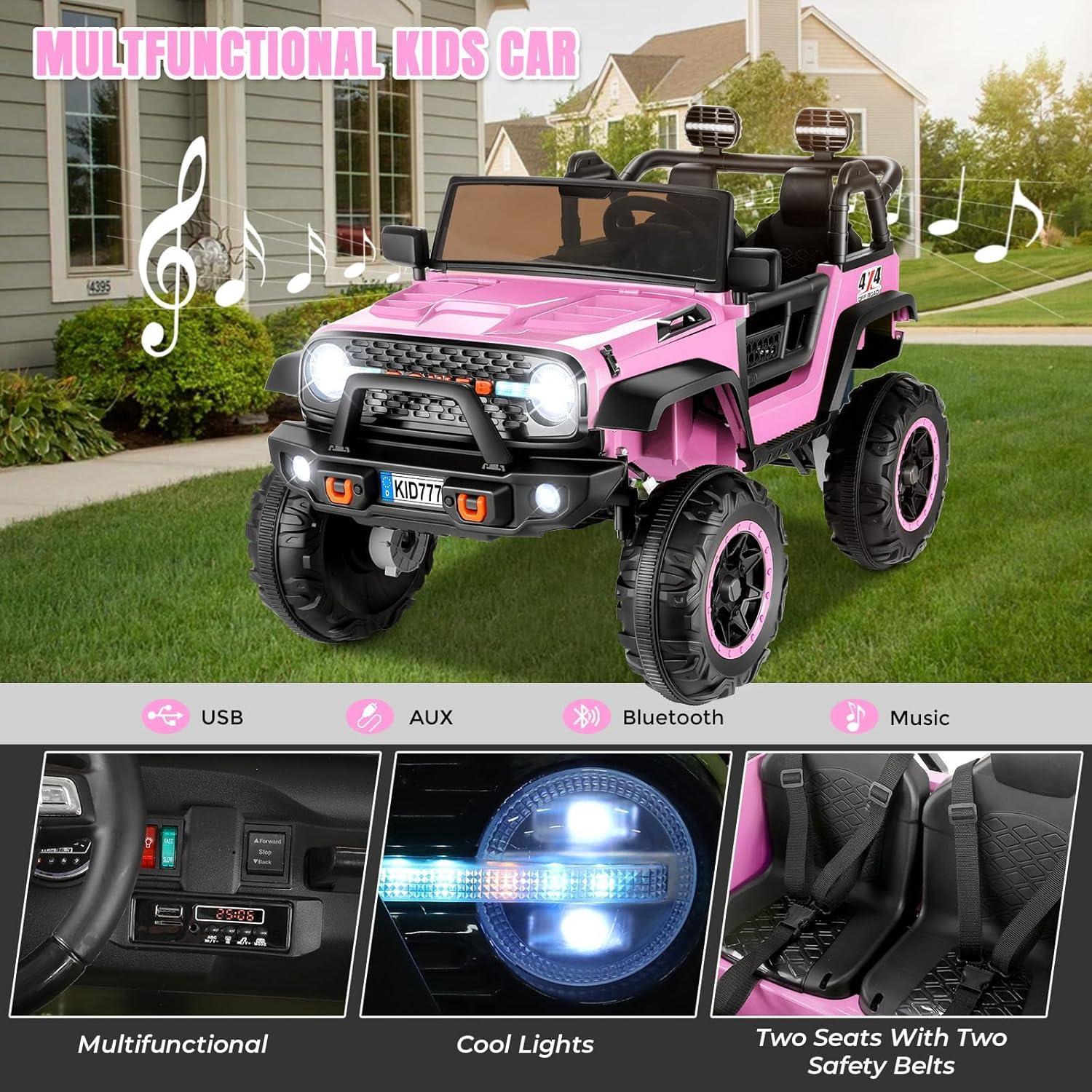 Electric Ride On Car, 24V 2 Seats for Kids, with Remote Control, 4WD Spring Suspension, 2 Speeds, Music, for 3+,Pink