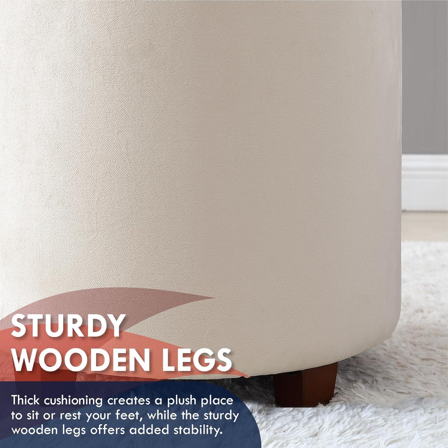 Ornavo Home Lawrence Round Storage Ottoman with Table Top Lid - Velvet Cream