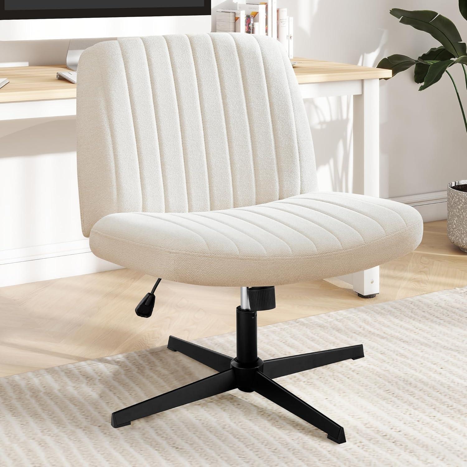 Off-White Fabric Swivel Armless Task Chair with Adjustable Height