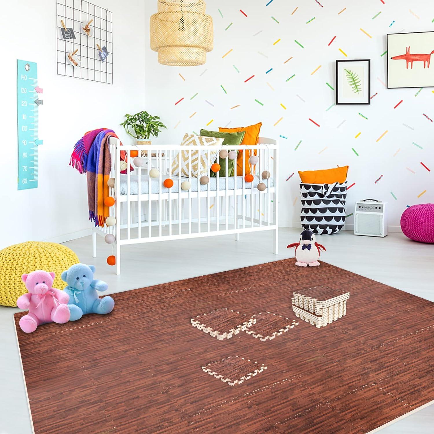 16pcs Interlocking Printed Wood Grain EVA Foam Mats Protective Floor Tiles Exercise Play Mat for Kids Room Parlor Bedroom Home 11.8" x 11.8" (Wood Grain Yellow)
