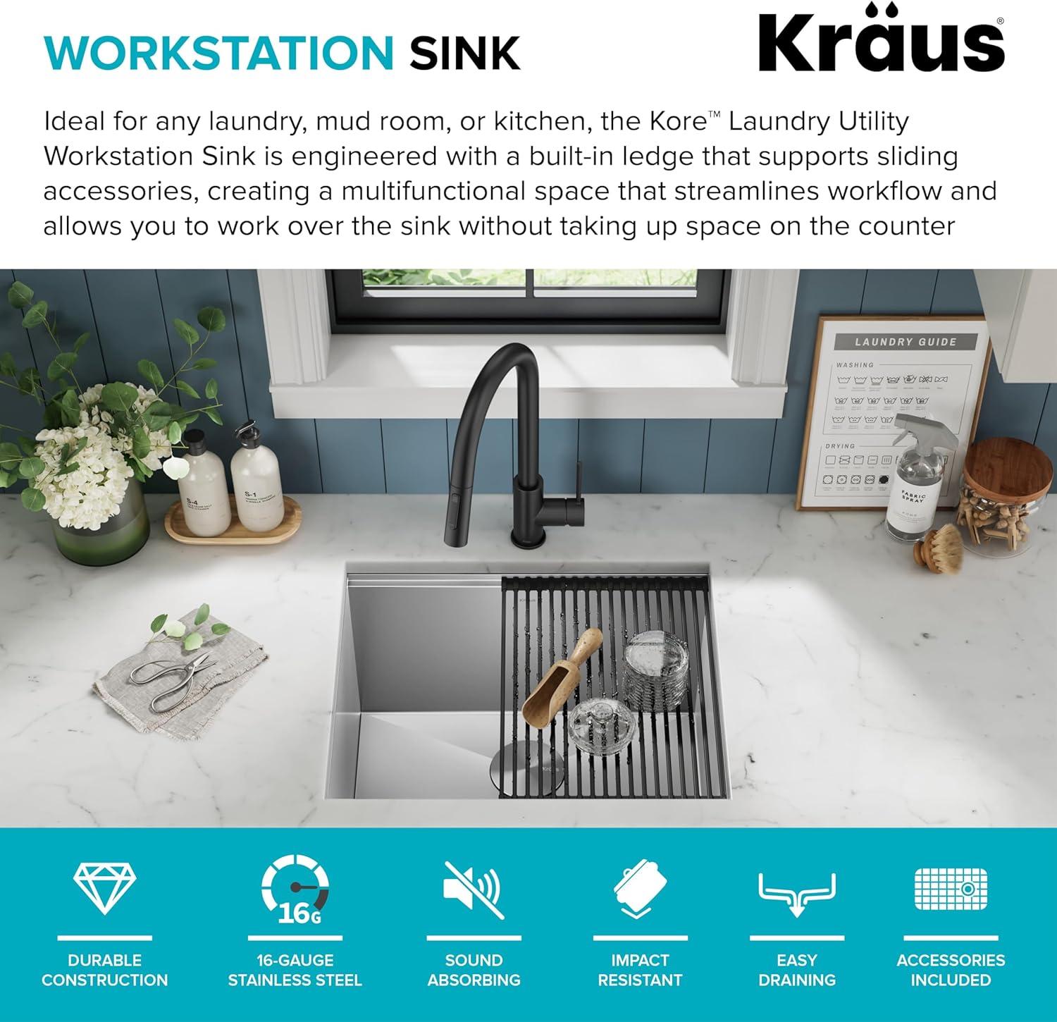 KRAUS Kore™ 23" L Undermount Workstation 16 Gauge Stainless Steel Single Bowl Laundry Utility Kitchen Sink