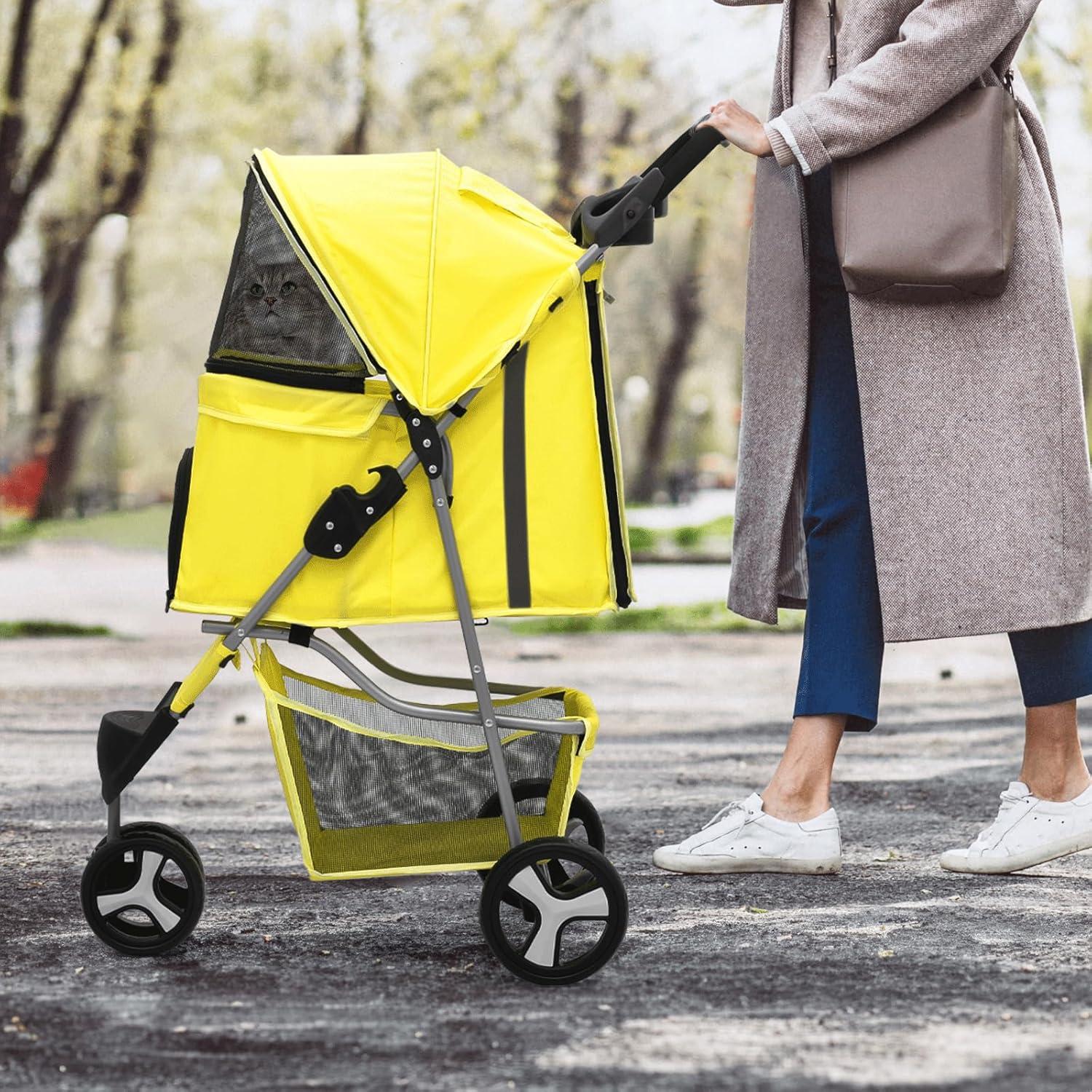 MoNiBloom Pet Dog Stroller, 3 Wheels Foldable Cat Trolley with Storage Basket, Cup Holder and 360° Rotating Front Wheel for Small Medium Dogs, Yellow