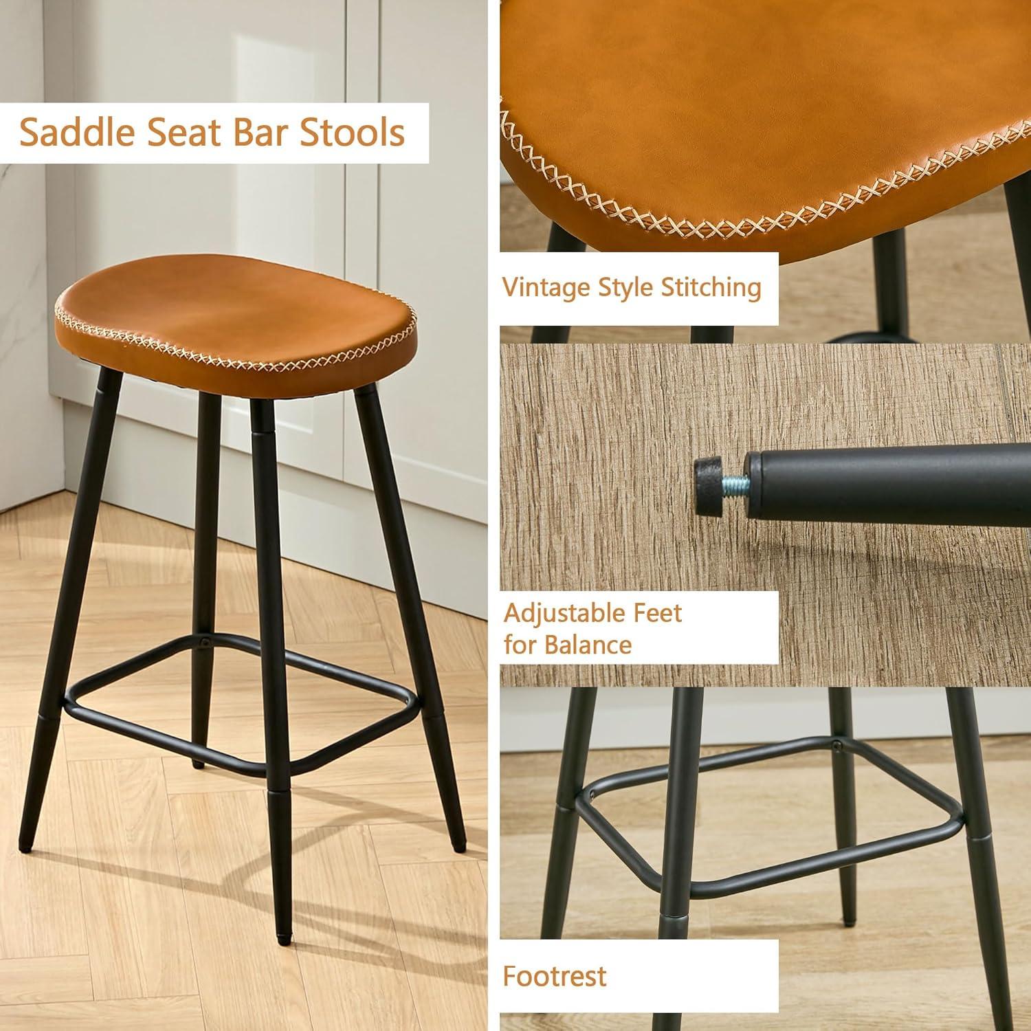 Adjustable Brown Faux Leather Saddle Bar Stools with Metal Legs