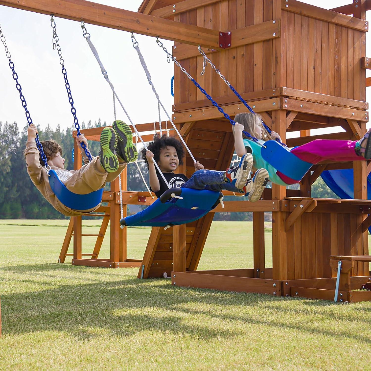 Dolphin Playground Dolphin Playground Luxury Cedar Playground Set: Double Wave Slide, 2-in-1 Table, Monkey Bars, Balance Beam, 3 Swings, Large Rock Wall, Wood Roof