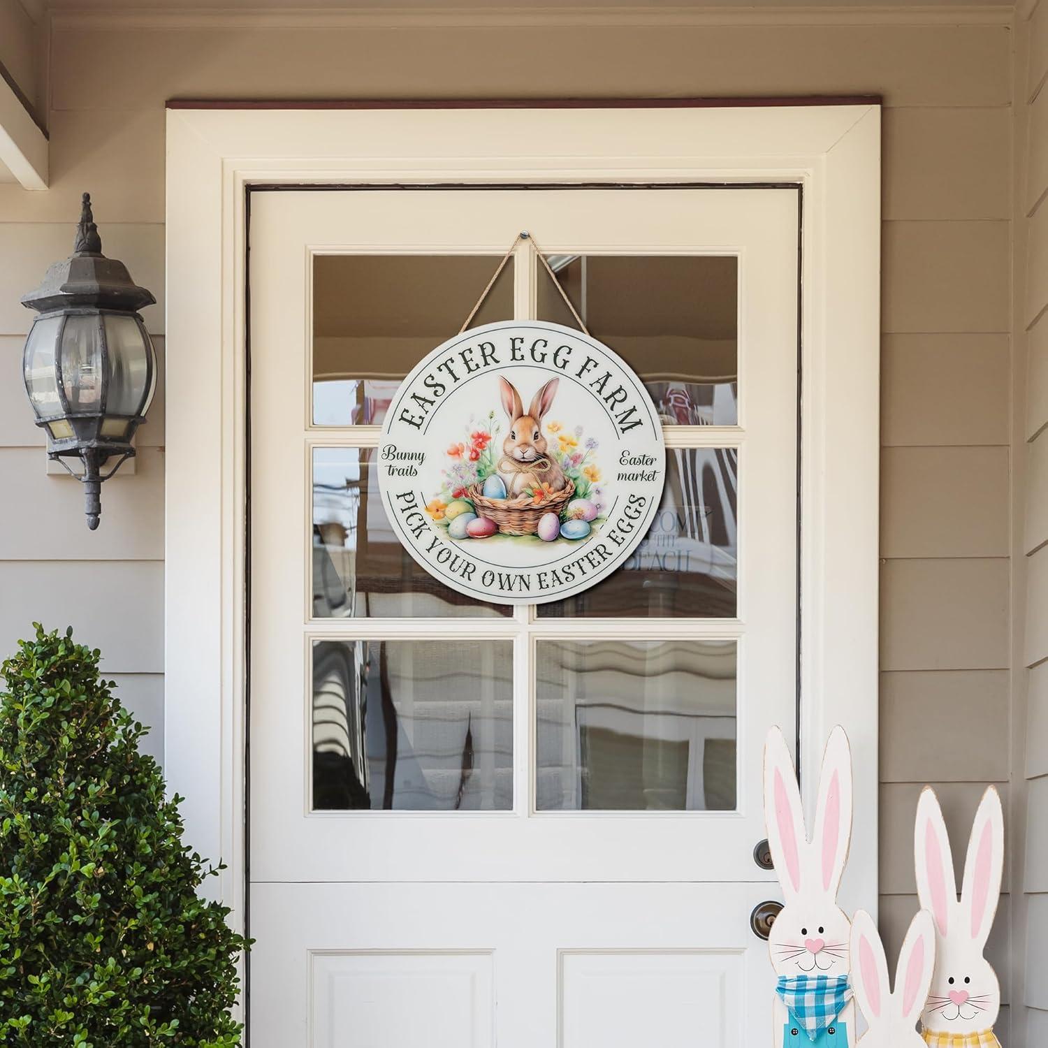 Glitzhome Easter Wooden Hanging Sign, 11.75"D Round Easter Bunny Eggs Sign Door Decoration, Rustic Easter Rabbit Wood Wreath Sign for Easter Spring Holiday Front Door Wall Farmhouse Porch Decor