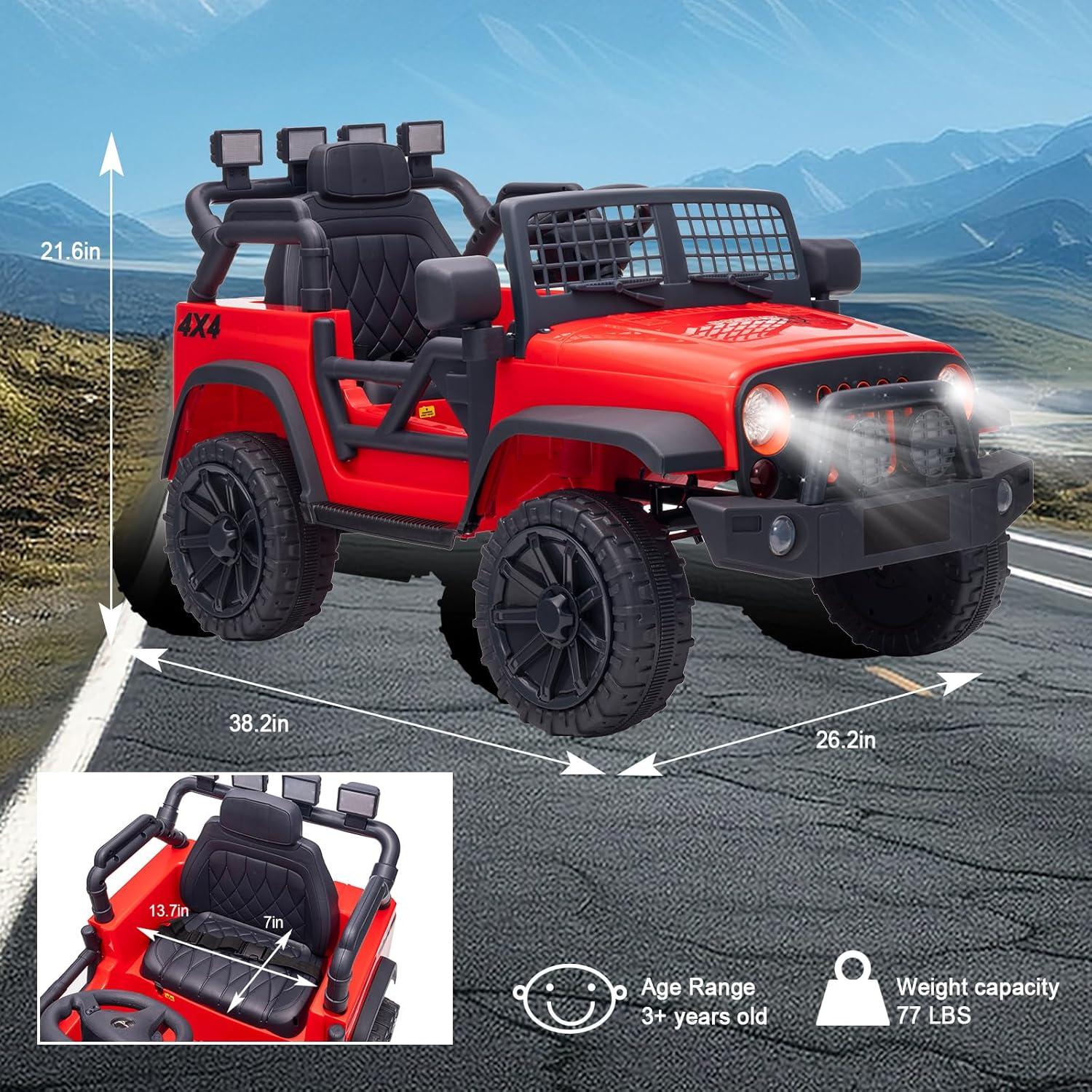 FINITO 24V Kids Ride On Car 2-Seater Jeep 4WD Electric Toy Car 4 Wheels Battery Powered Truck with Remote Control Bluetooth Music Player Gift for Boys Girls Age 3+, Red