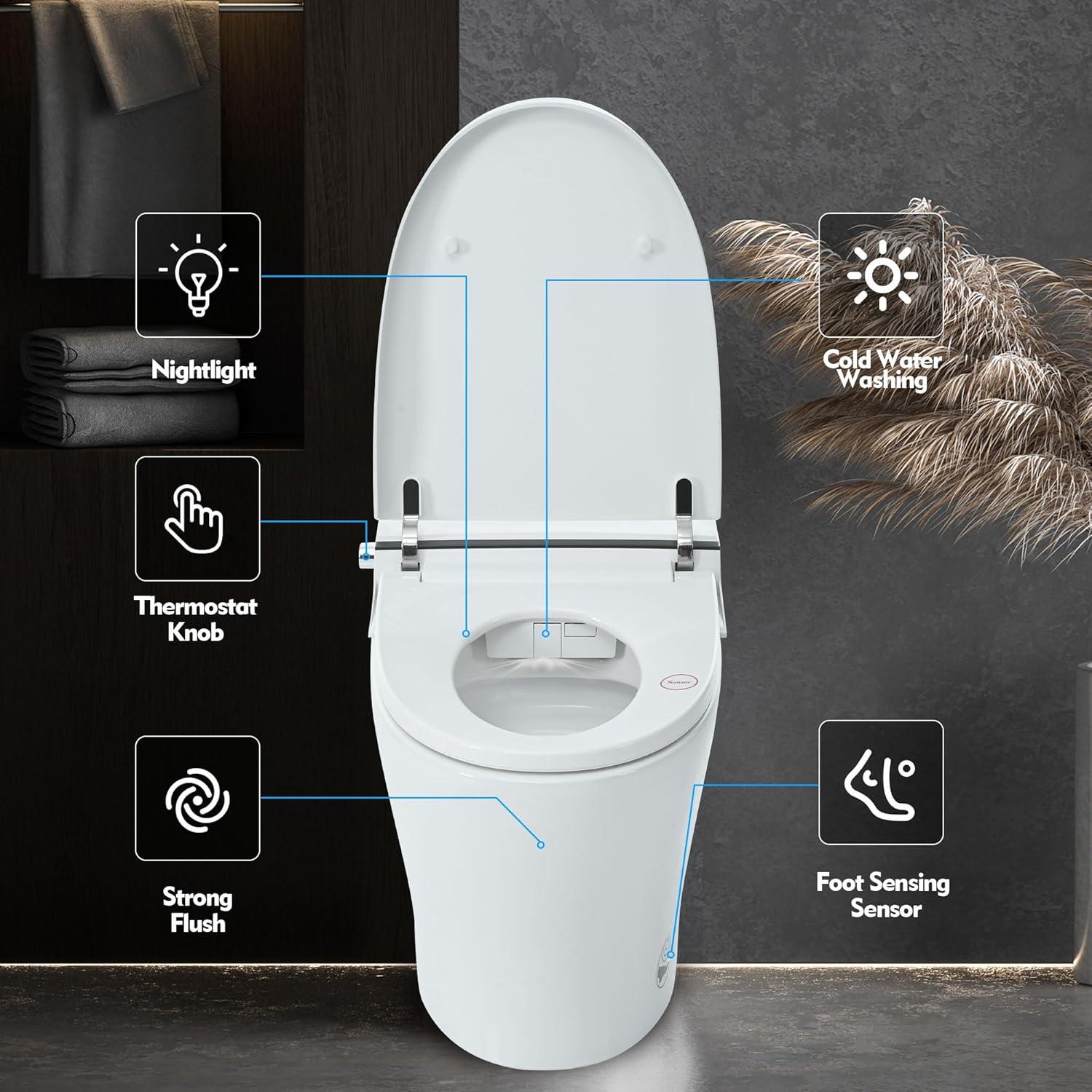 Smart Toilet Bidet Combo With Self-Cleaning Nozzle,Upmarket Compact Dual Flush Toilet 1/1.28 GPF,Tank Less Toilet With Foot Sensor Flush,White Night Light,Knob Control,Power Outage Flushing,Soft Close