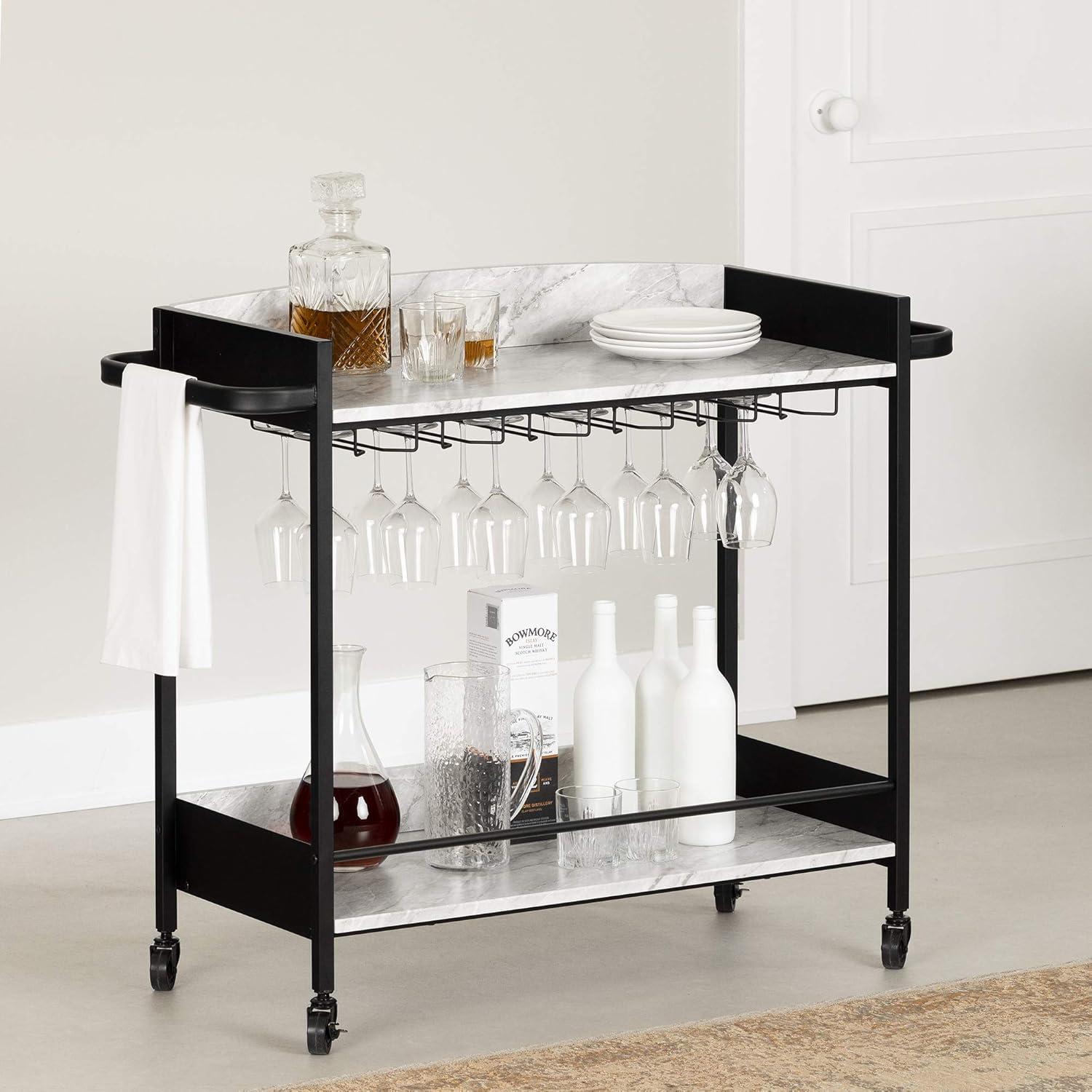 City Life Bar Cart with Wine Glass Rack Black/Faux Carrara Marble - South Shore