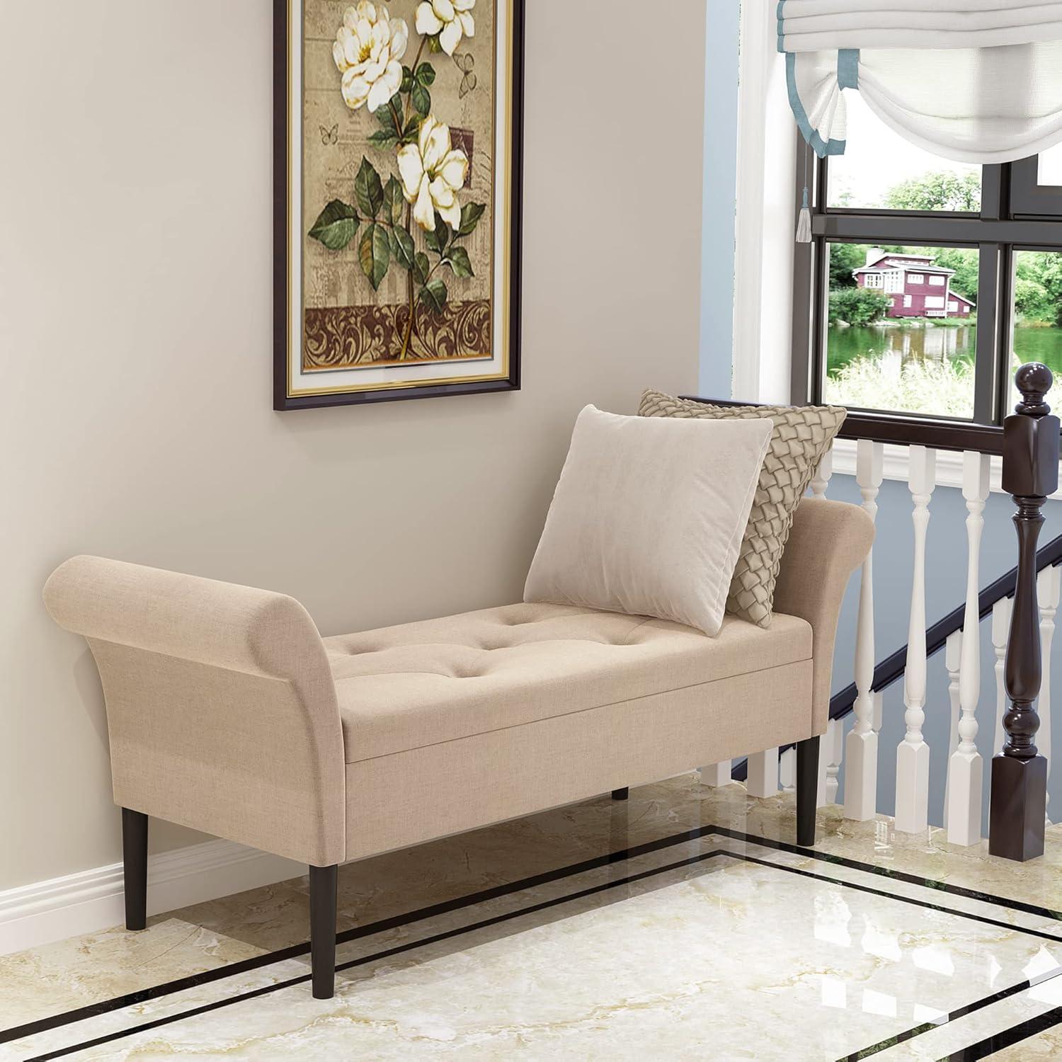 Exlonjet Storage Ottoman Bench with Arms Upholstered Tufted Storage Bench for Bedroom Entryway Living Room Fabric Tan