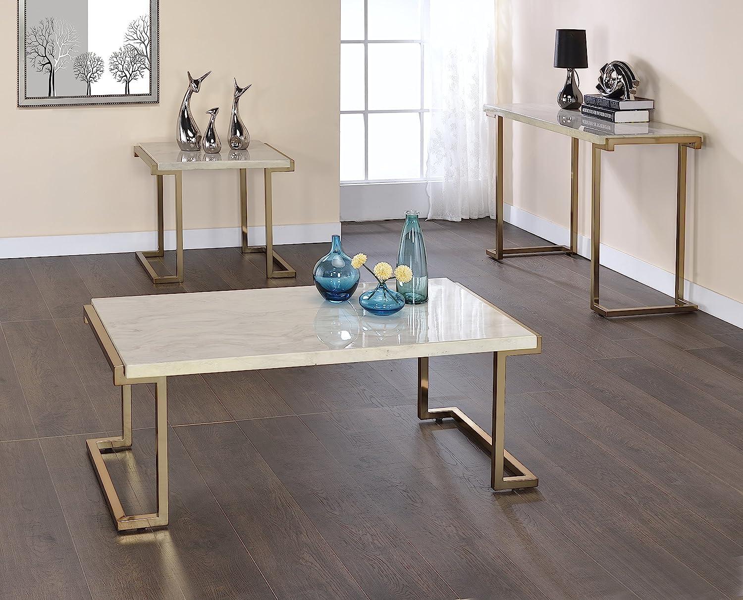ACME Boice II End Table, Engineered Stone Top & Champagne