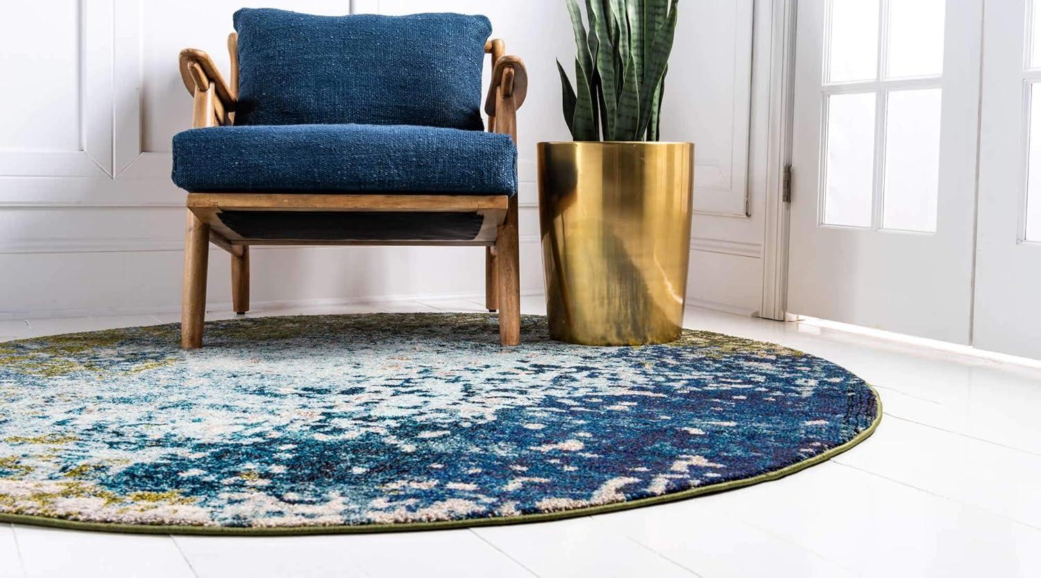 8' Round Blue Abstract Stain-Resistant Synthetic Rug