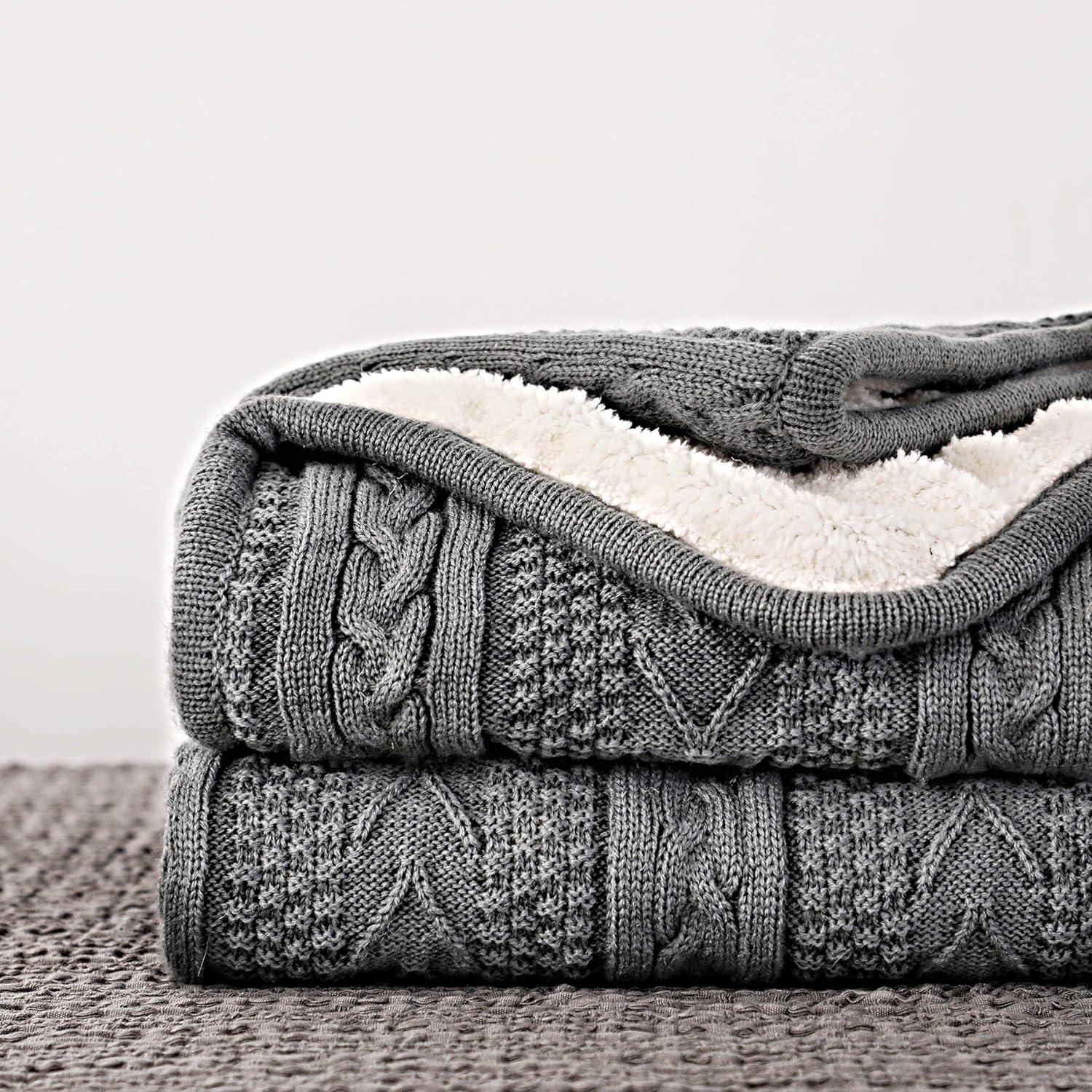 Gray Acrylic Cable Knit Sherpa Reversible Throw Blanket