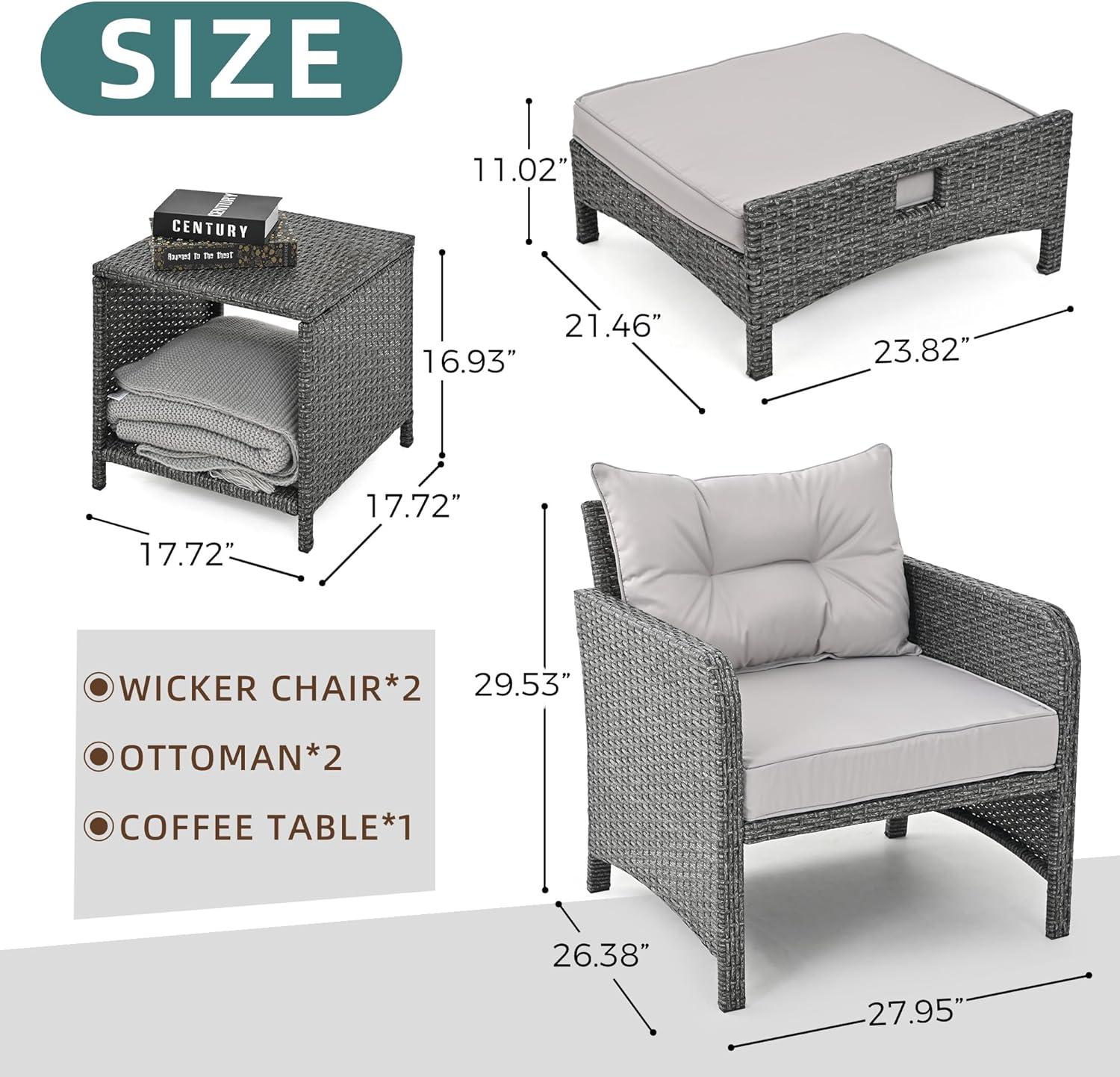 Pamapic 5 Pieces Outdoor Patio Wicker Chairs Set with Ottoman Outside Conversation Furniture Set with Cushions and Coffee for Balcony Porch Lawn Garden Table(Grey Cushion+Light Grey Rattan)