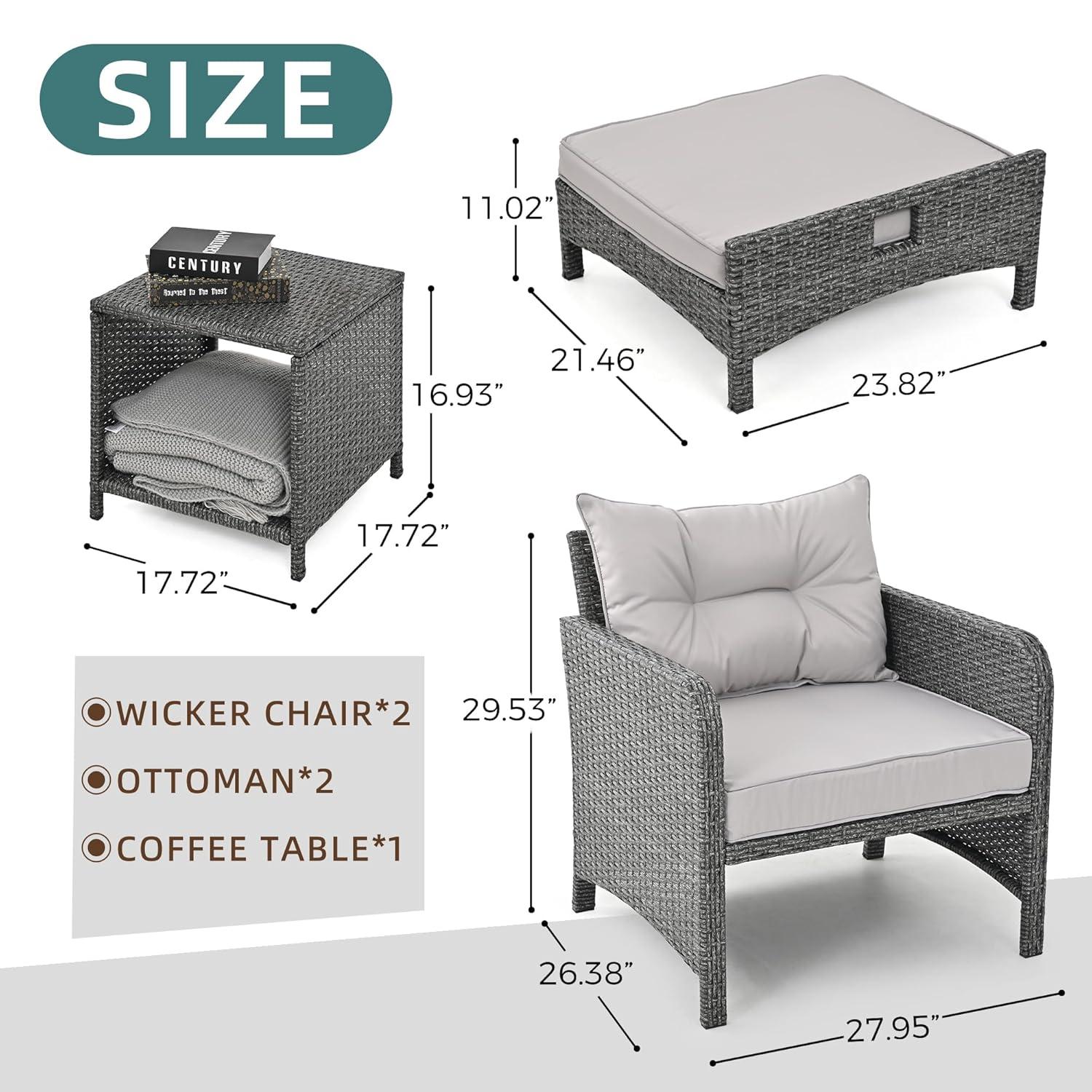 Pamapic 5 Pieces Outdoor Patio Wicker Chairs Set with Ottoman Outside Conversation Furniture Set with Cushions and Coffee for Balcony Porch Lawn Garden Table(Grey Cushion+Light Grey Rattan)