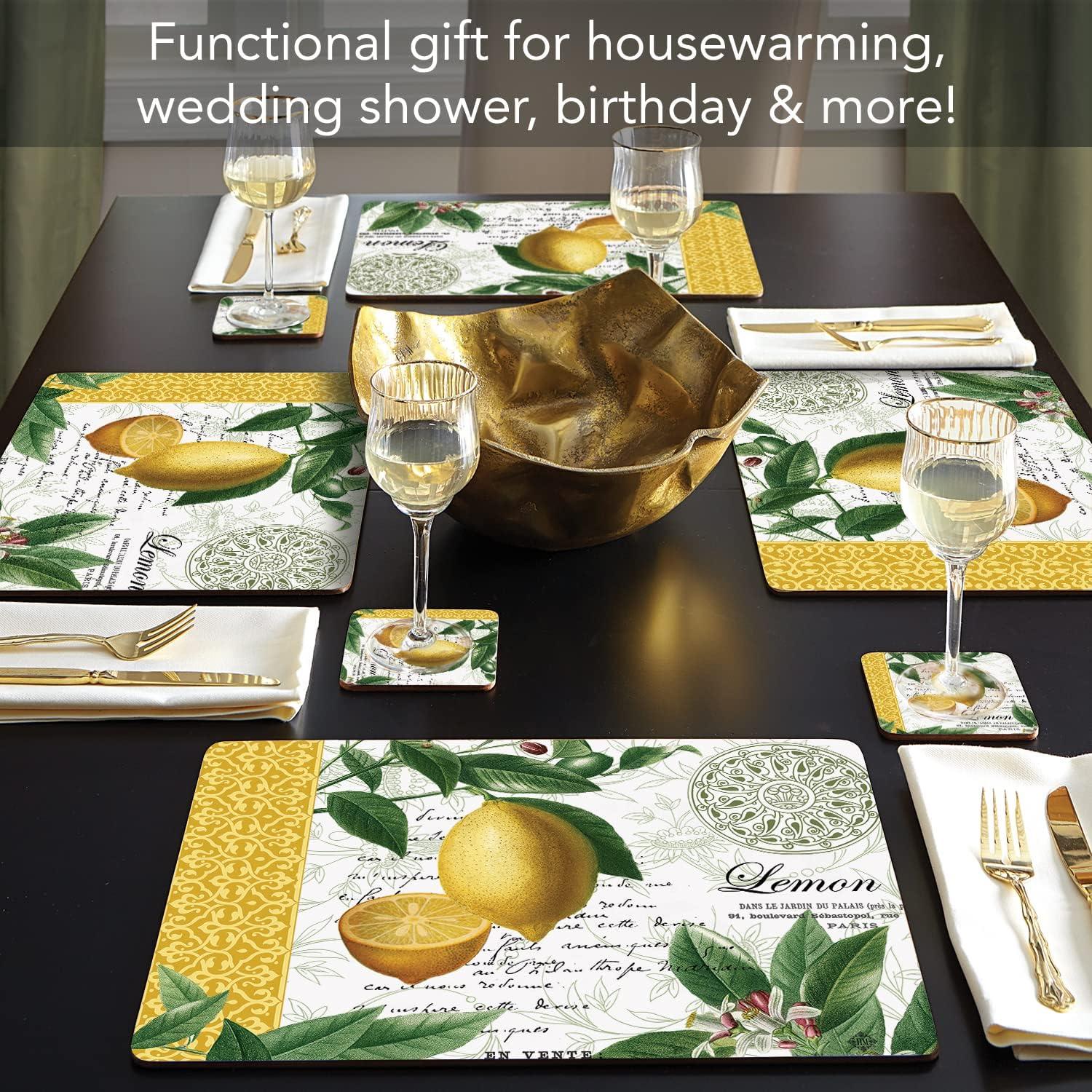 Cala Home "Citron" Premium Decorative Hardboard Cork Back Tabletop Placemats 4 Pack