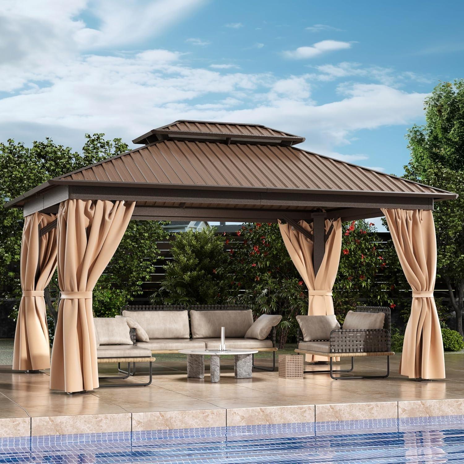 10' x 14' Hardtop Gazebo Galvanized Outdoor Gazebo Canopy Double Vented Roof Pergolas Aluminum Frame with Netting and Curtains