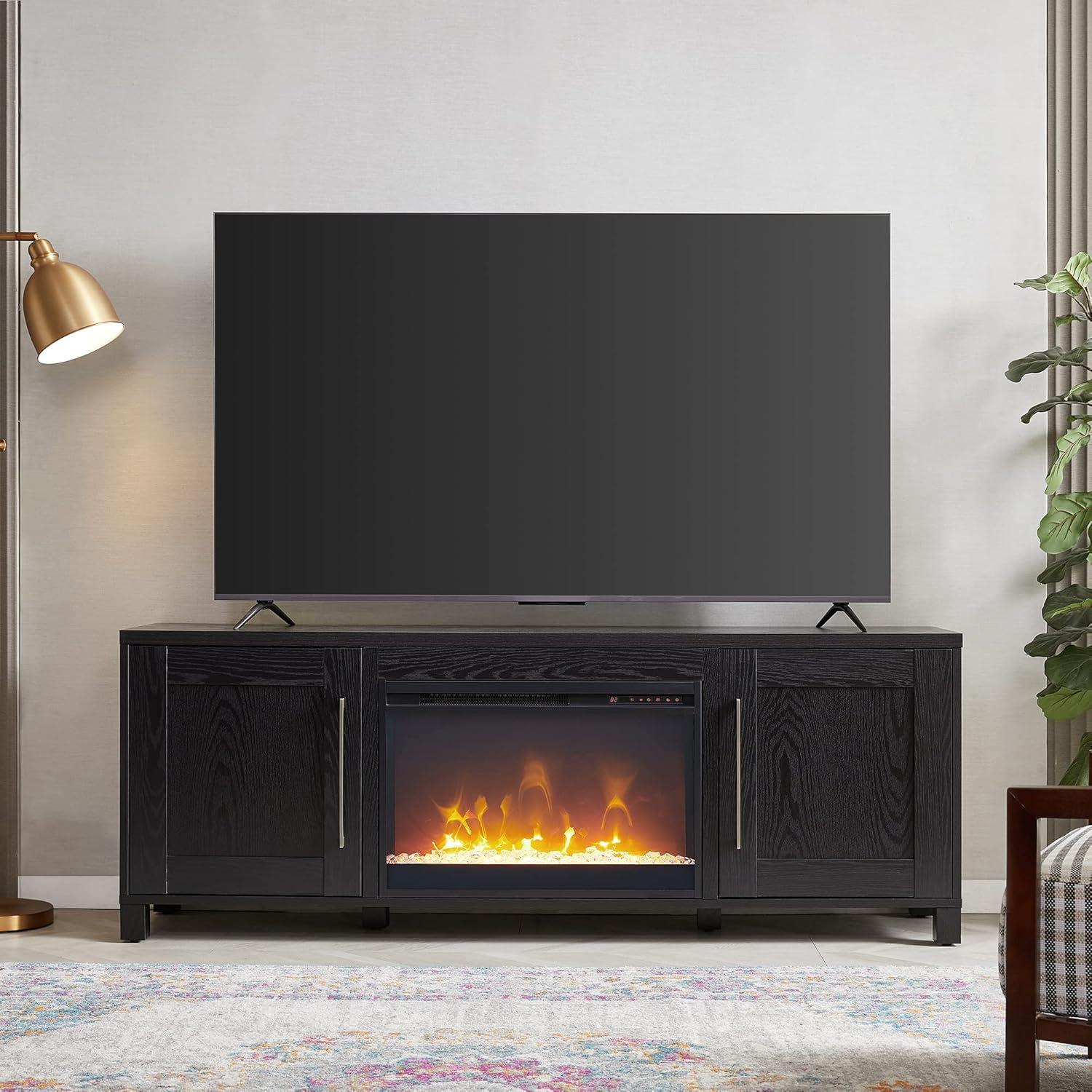 Transitional 68'' Black Grain TV Stand with Cabinet & Electric Fireplace