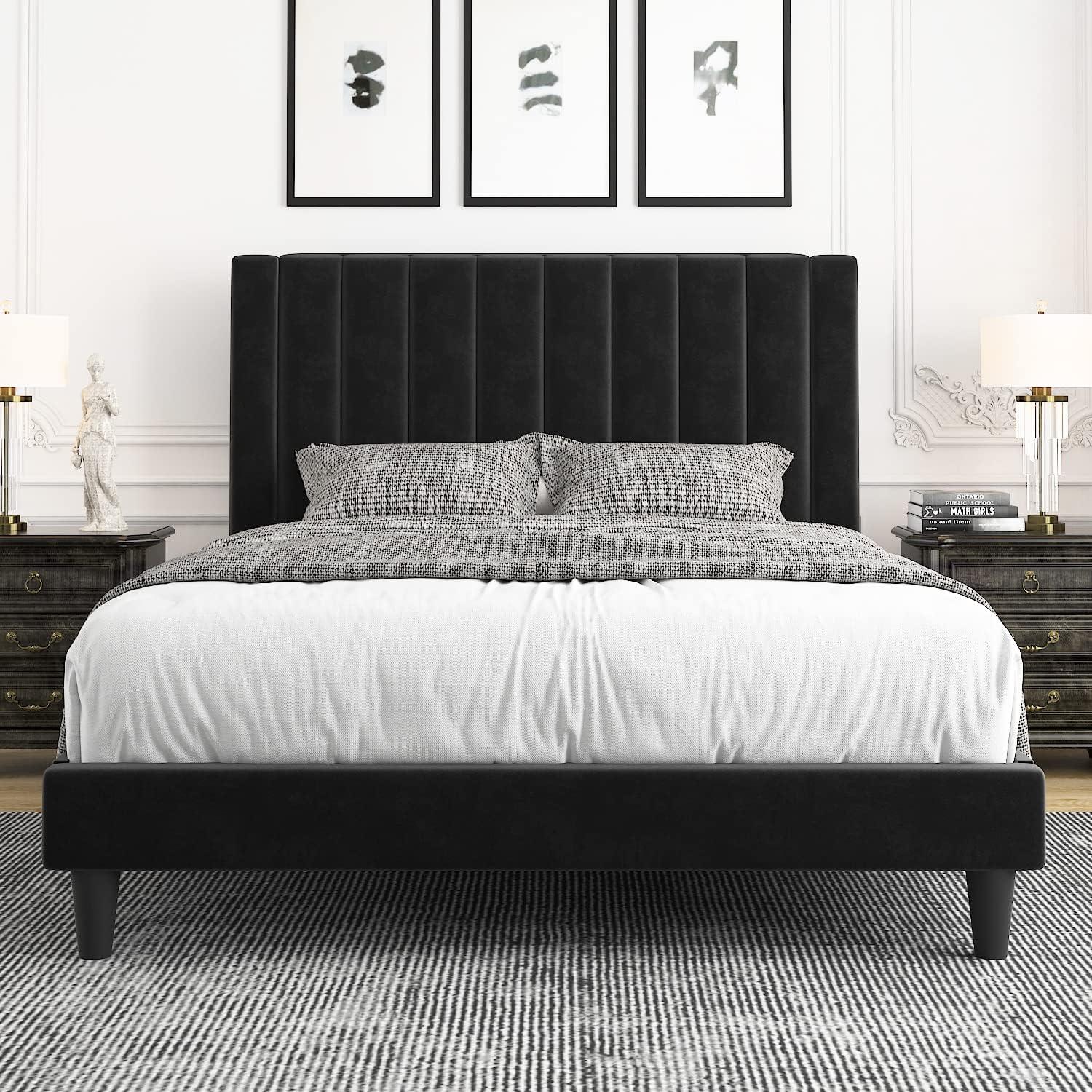 Allewie Queen Velvet Upholstered Bed Frame with Vertical Channel Tufted Headboard, Black