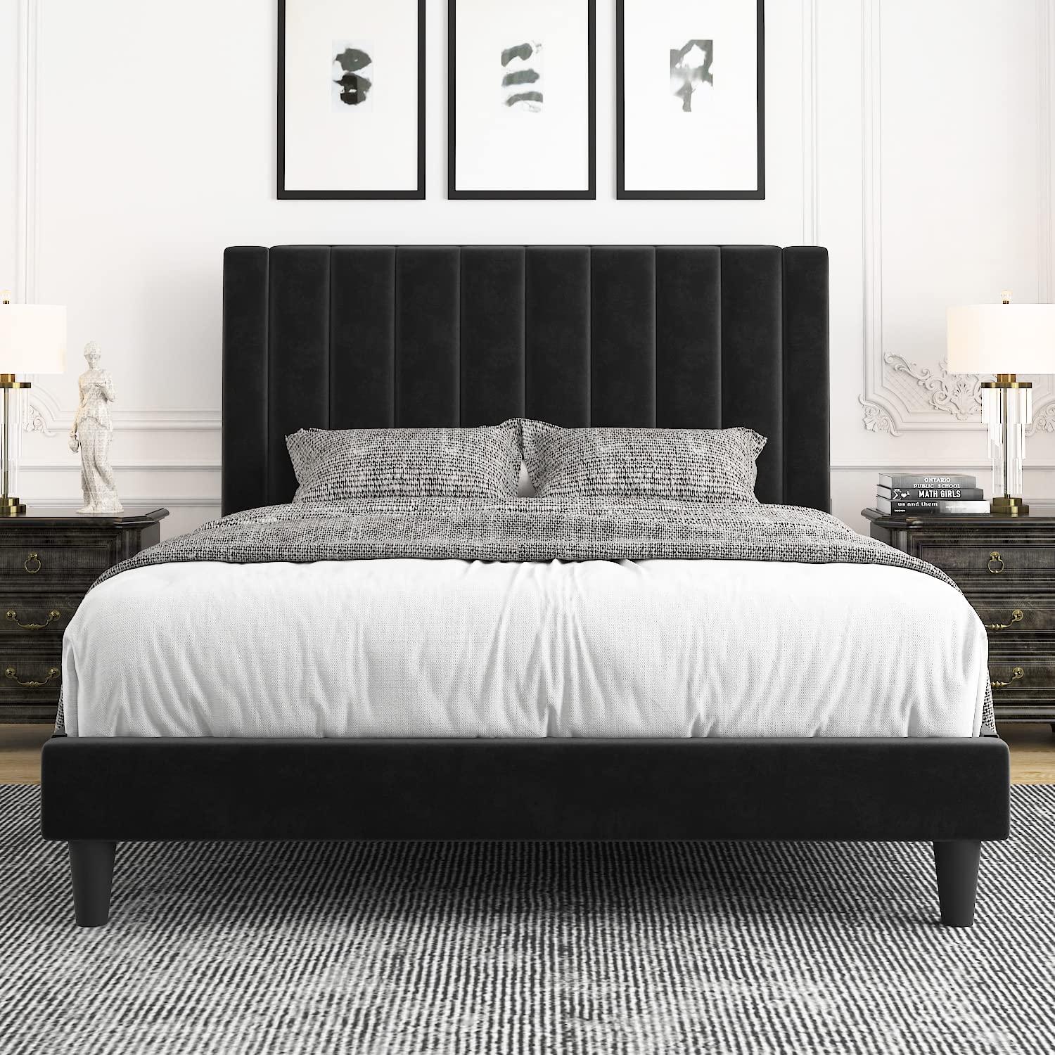 Allewie Queen Velvet Upholstered Bed Frame with Vertical Channel Tufted Headboard, Black