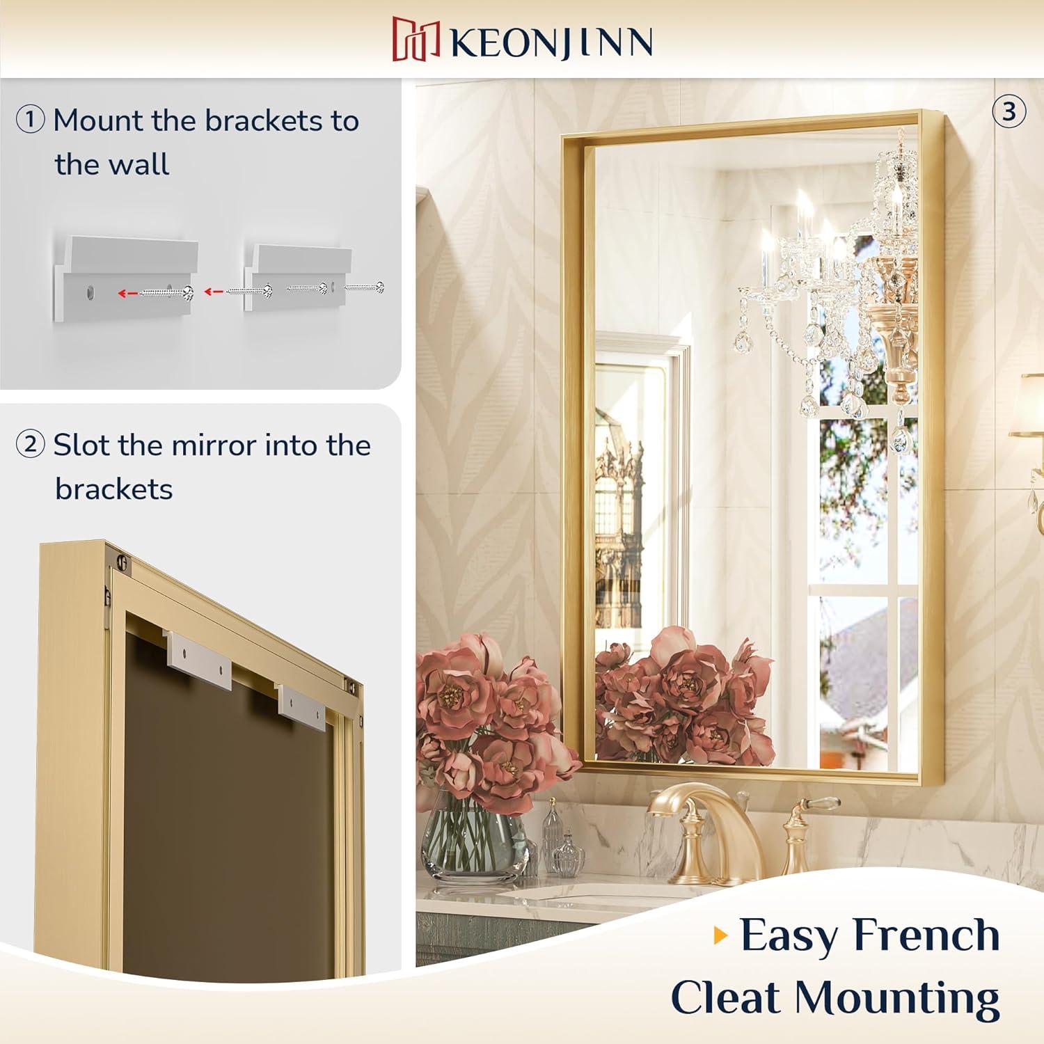 Keonjinn  Modern Metal Framed Bathroom Vanity Wall Mounted Mirror. 48x30 - Gold