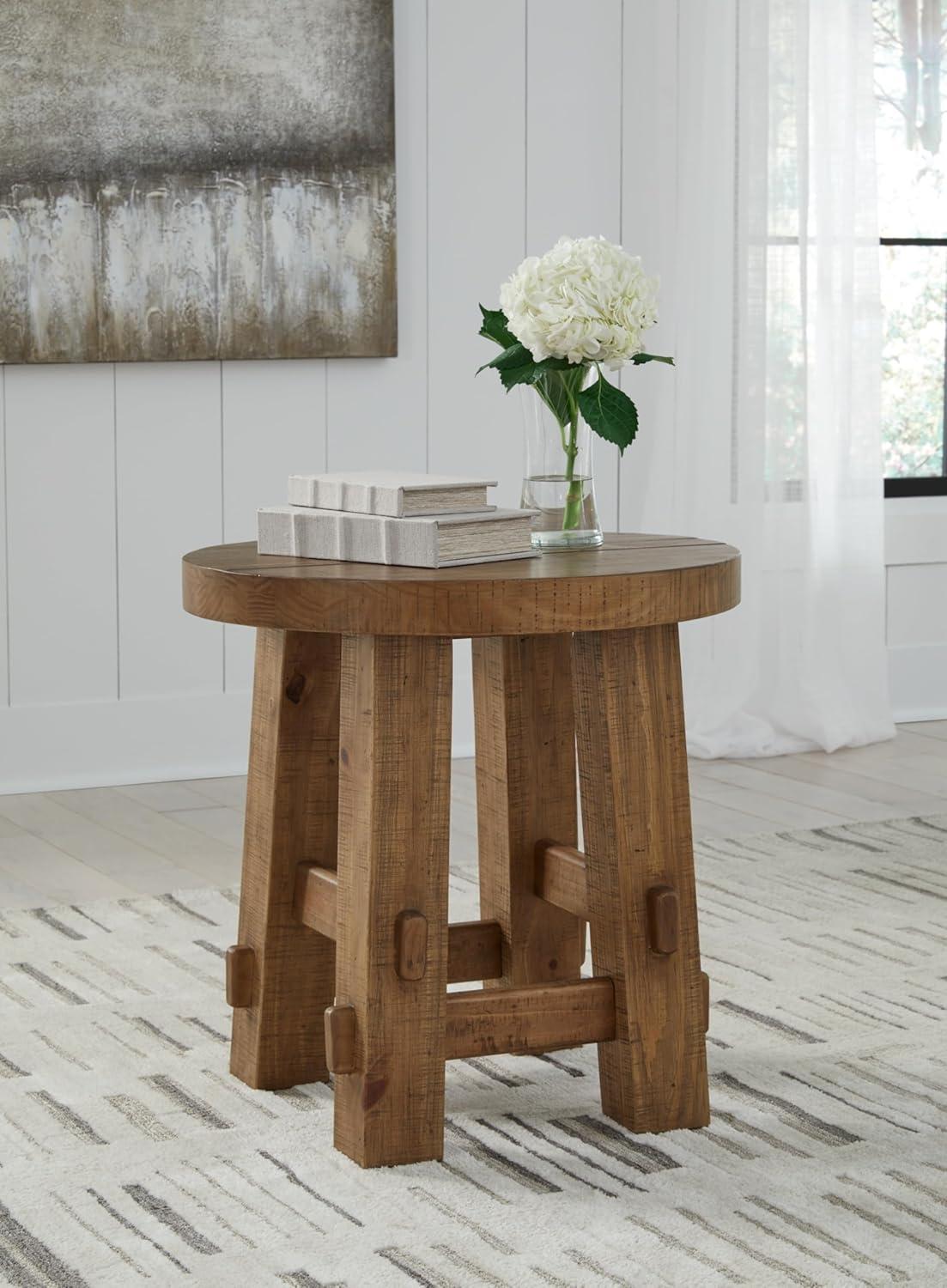 Rustic Light Brown Pine Round End Table