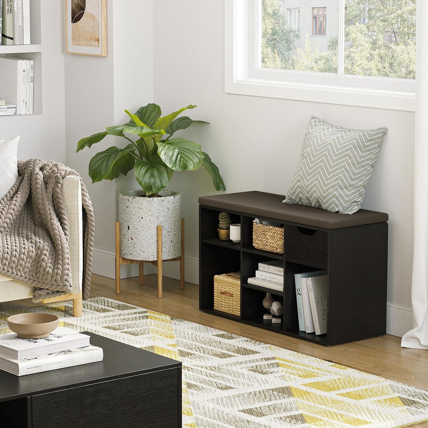Shoe Rack Bench with Cushion 15-Cube Storage Bench Storage Cabinet for Entryway Espresso