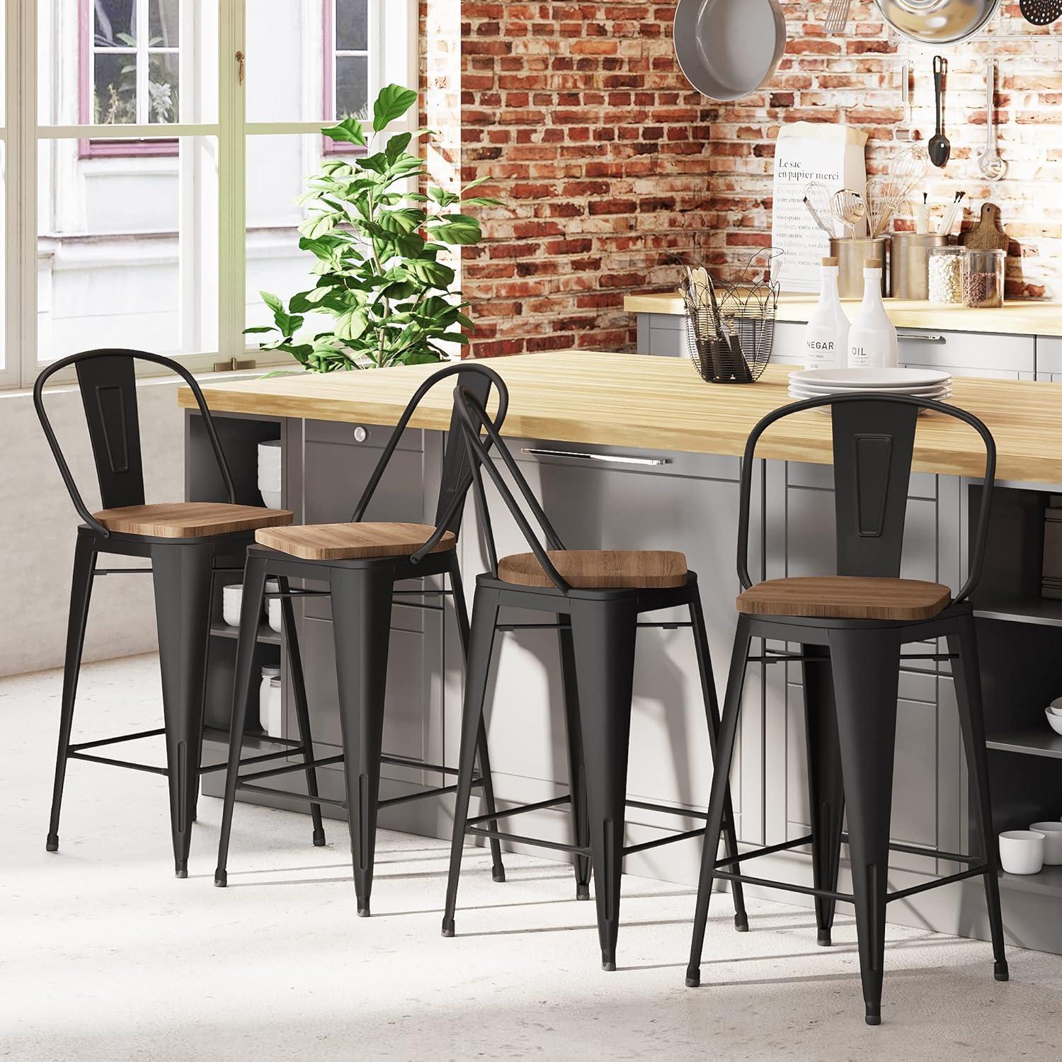 Alunaune 26" Swivel Metal Bar Stools Set of 4 High Back Counter Height Barstools Industrial Dining Bar Chairs with Large Wooden Seat-Matte Black