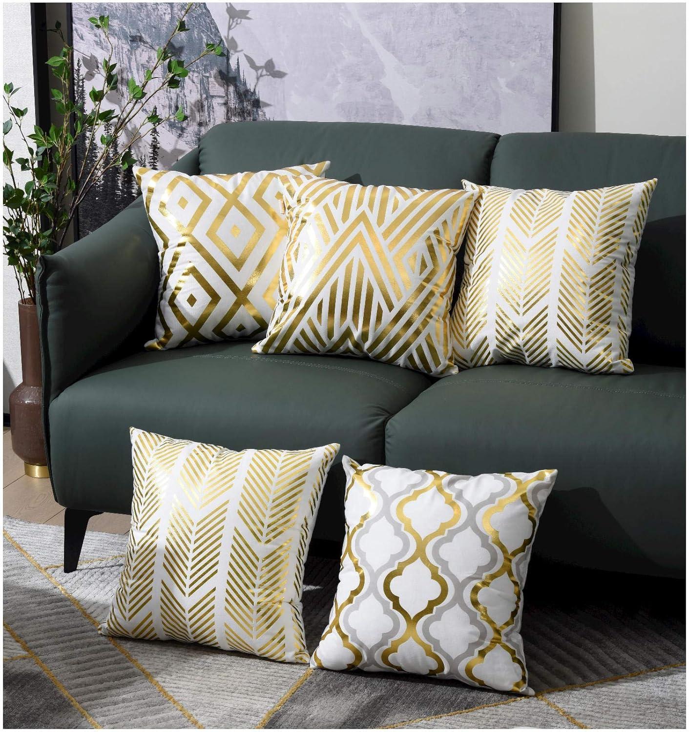 ZLINA Home Decorative Set of 4 Throw Pillow Covers Gold Foil Geometric Pillow Covers 18 ×18 Inch Cushion Covers for Couch Sofa Bedroom(White and Gold)