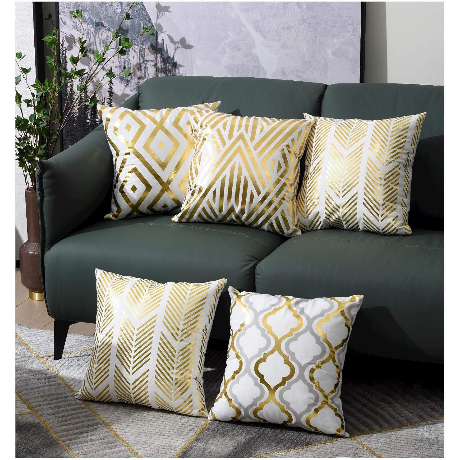 ZLINA Home Decorative Set of 4 Throw Pillow Covers Gold Foil Geometric Pillow Covers 18 ×18 Inch Cushion Covers for Couch Sofa Bedroom(White and Gold)