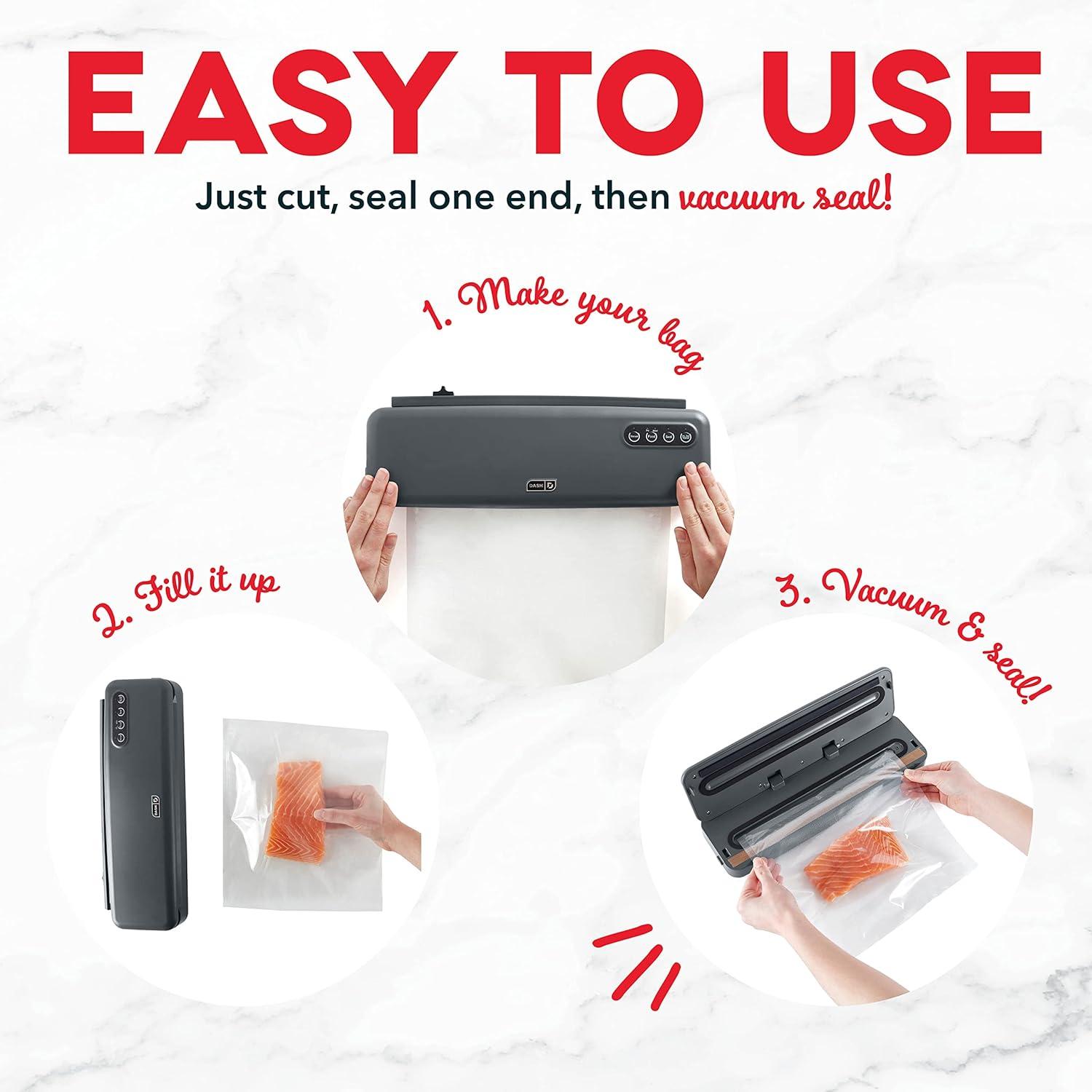 DASH SuperSeal™ Vacuum Sealer for Food Storage and Sous Vide, Perfect for Preserving Fresh Ingredients, Single Use & Reusable Bags and Cutter Included - Grey