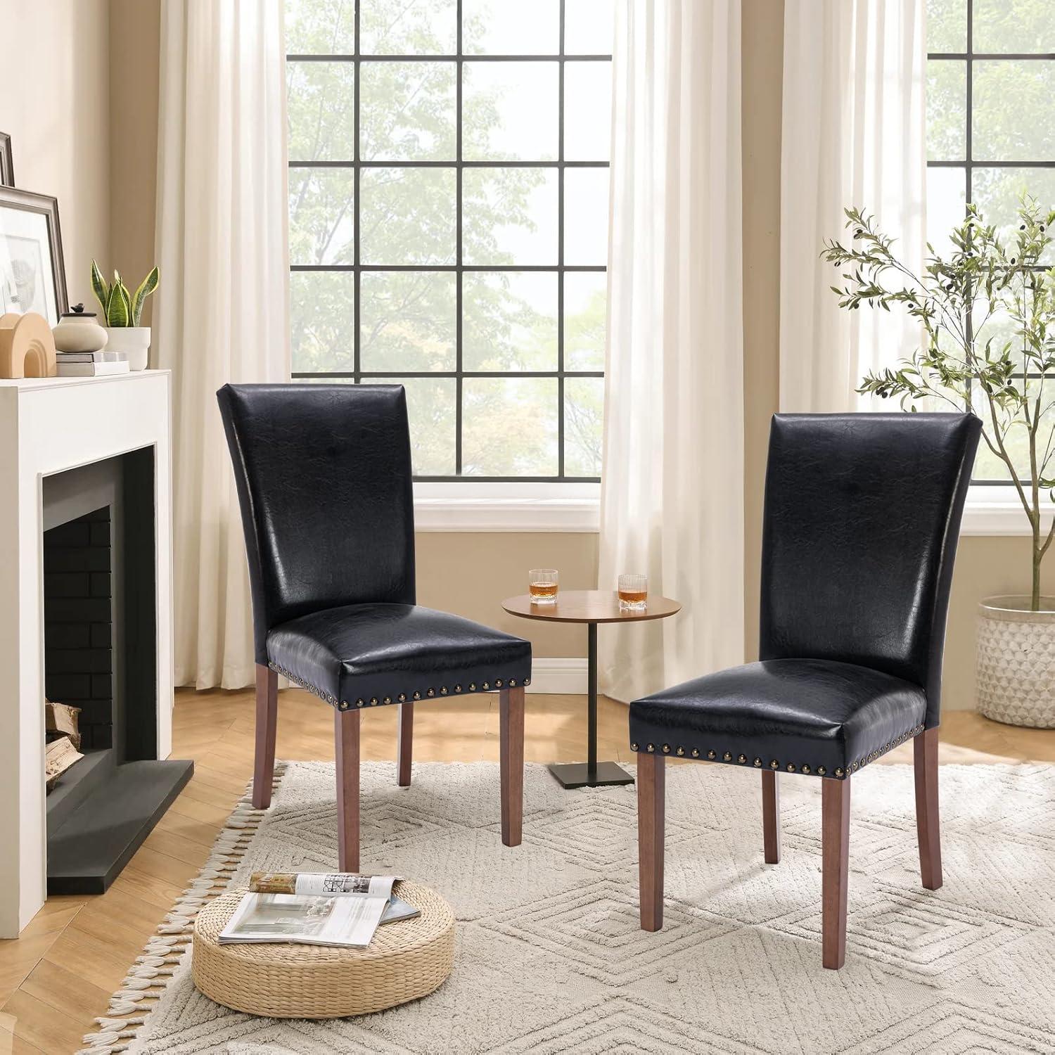 Colamy Black Upholstered Wood Legs Parsons Leather Dining Chairs with Nail head Trim Set of 2 for Dining Room