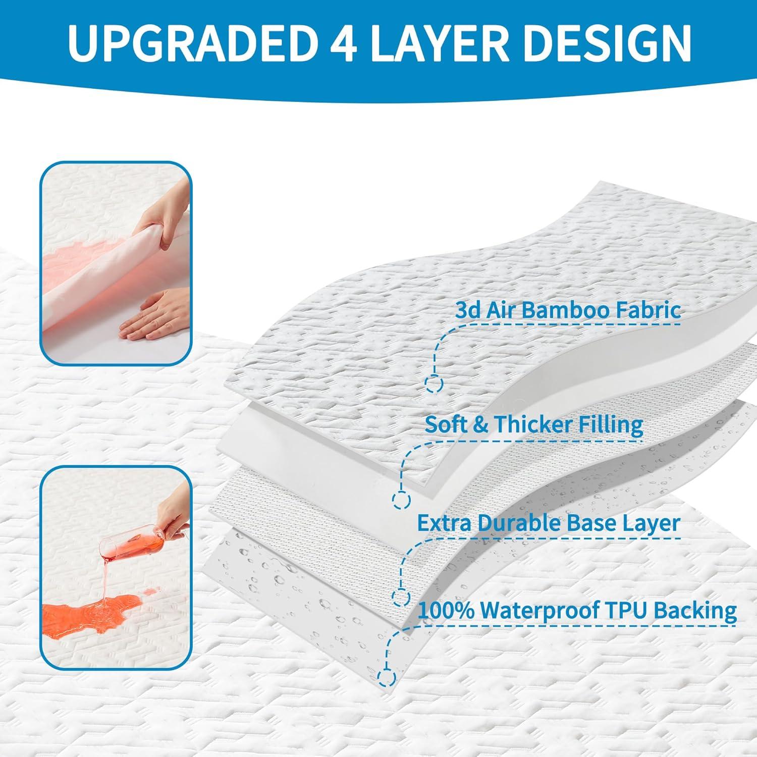 Queen Size Waterproof Mattress Protector, 40% Rayon From Bamboo Cooling Mattress Pad Cover, 3D Air Fabric Breathable Mattress Pad Fitted With Deep Pocket 6"- 15" Machine Washable