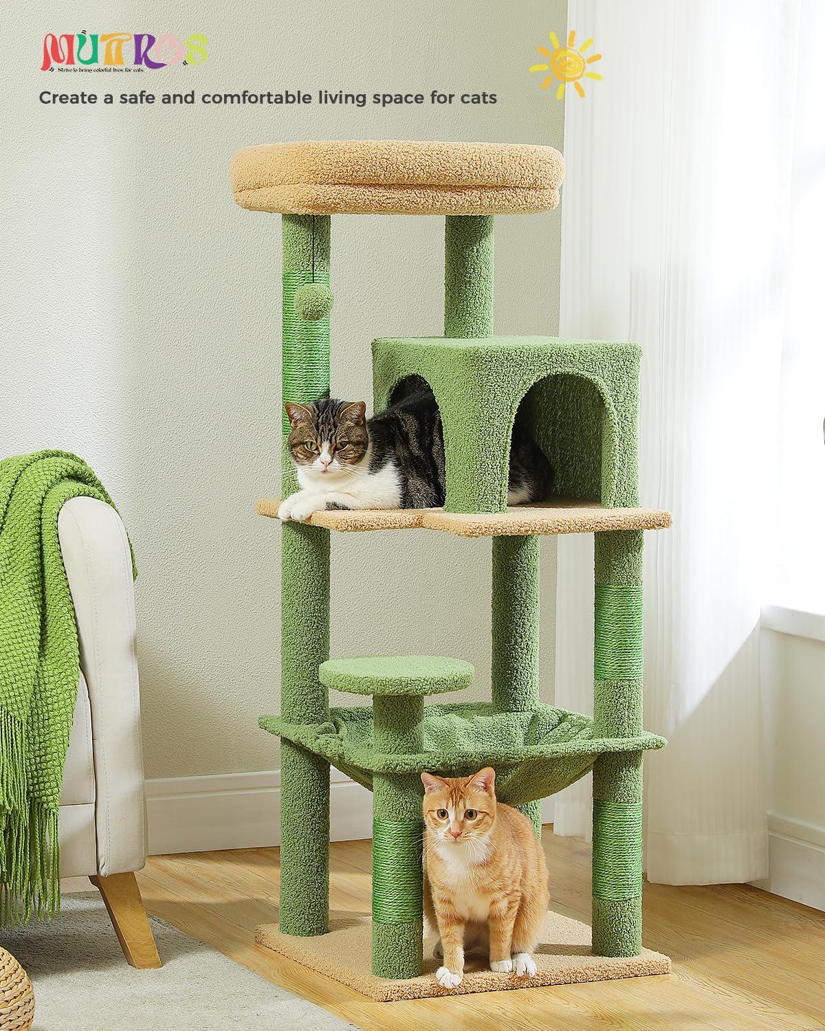 Cat Tree for Indoor Cats, 45.7" Multi-Level Cat Tower with Large Metal Frame Hammock, Cat Condo with 4 Scratching Posts and Top Perch for Small Medium Cat, Beige