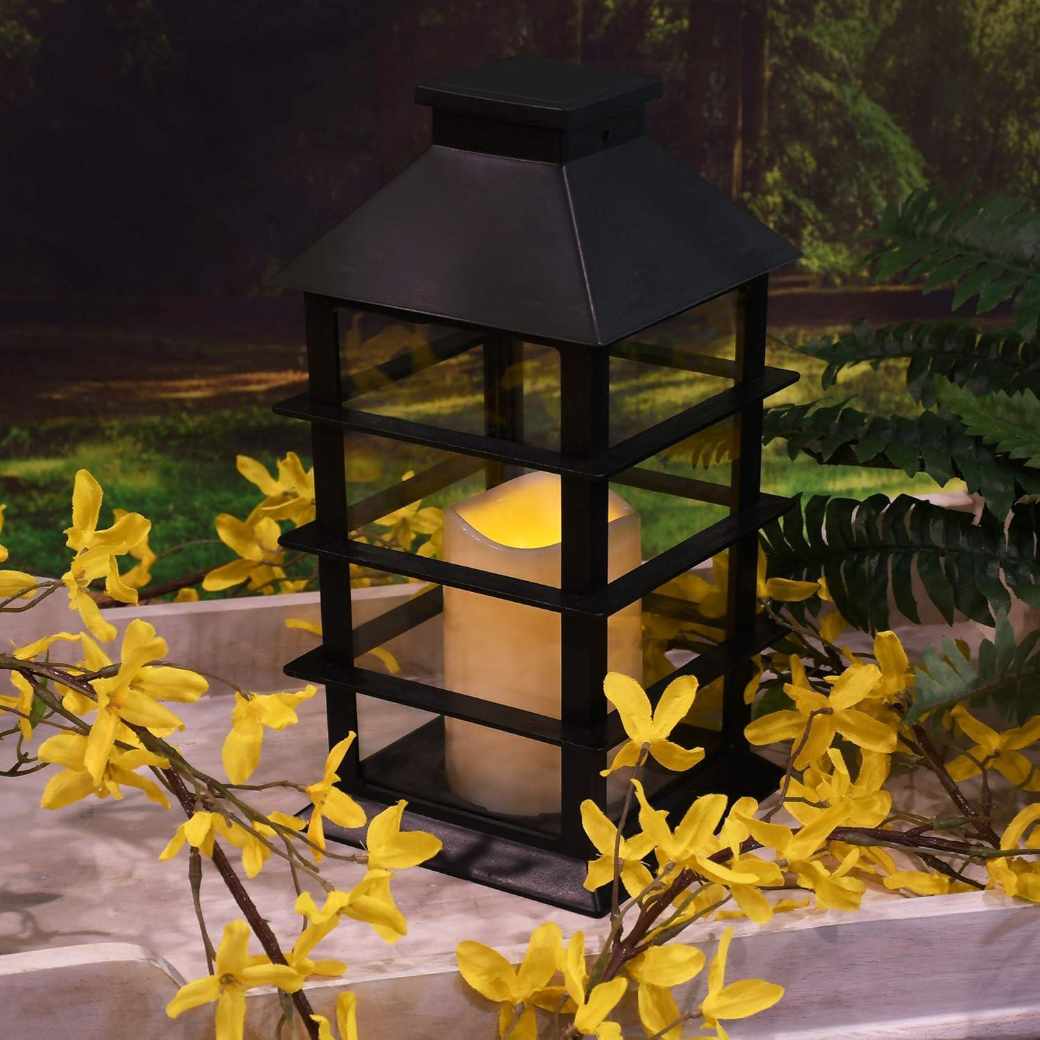 Black Solar Powered Lantern with LED Candle, 11 Inch