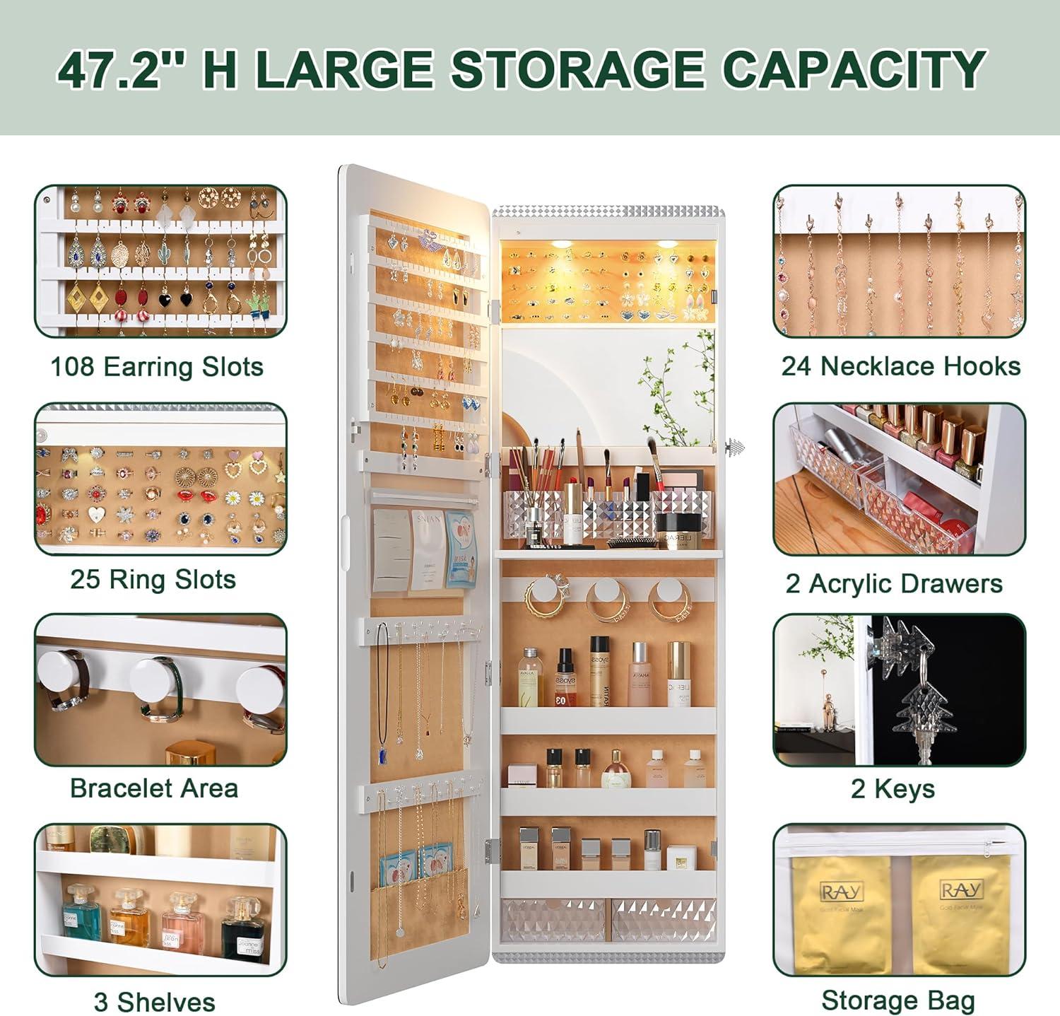 Hokku Designs LED Mirror Jewelry Cabinet,47.2" Wall Mounted Jewelry Organizer with Full-Length Mirror,Over The Door Hanging Jewelry Armoire Storage Cabinet,Folding Dresser,2 Drawers,Lockable, 3 Shelves(White)