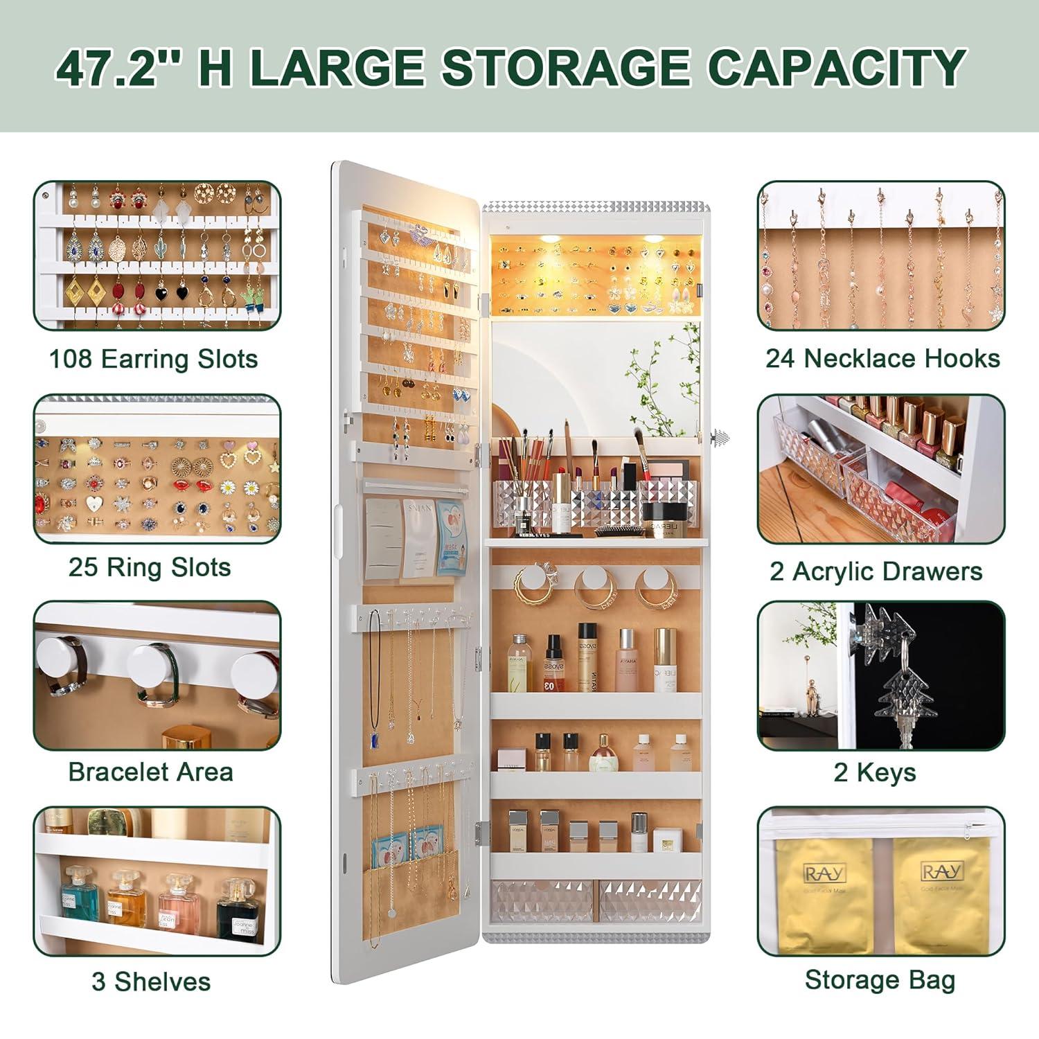 Hokku Designs LED Mirror Jewelry Cabinet,47.2" Wall Mounted Jewelry Organizer with Full-Length Mirror,Over The Door Hanging Jewelry Armoire Storage Cabinet,Folding Dresser,2 Drawers,Lockable, 3 Shelves(White)