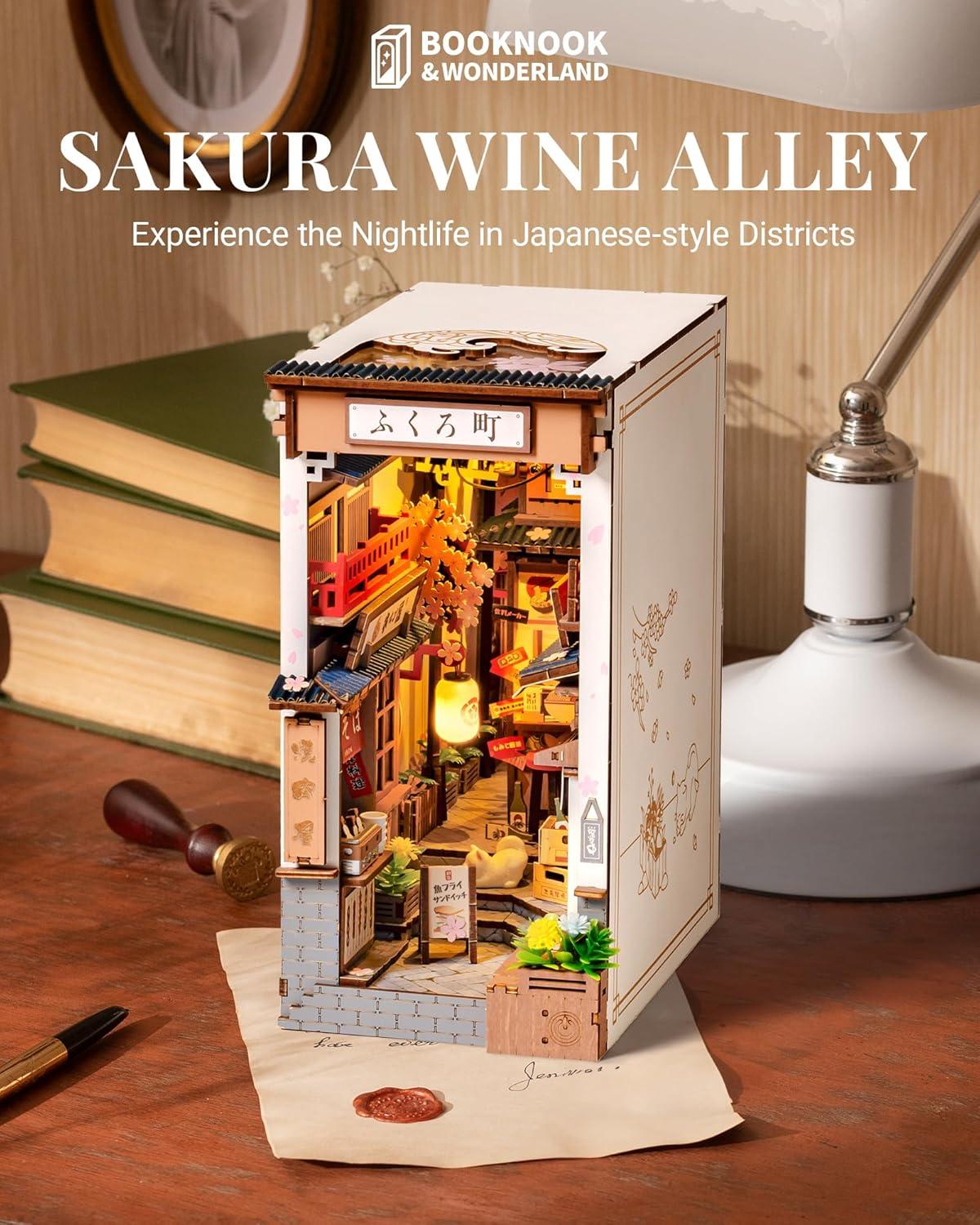 Rolife Book Nook 3D Jigsaw Puzzle Sakura Wine Alley Wooden Model Building Kit Decorative Bookend Stand DIY Bookshelf Insert Decor Gift for Teen Adults